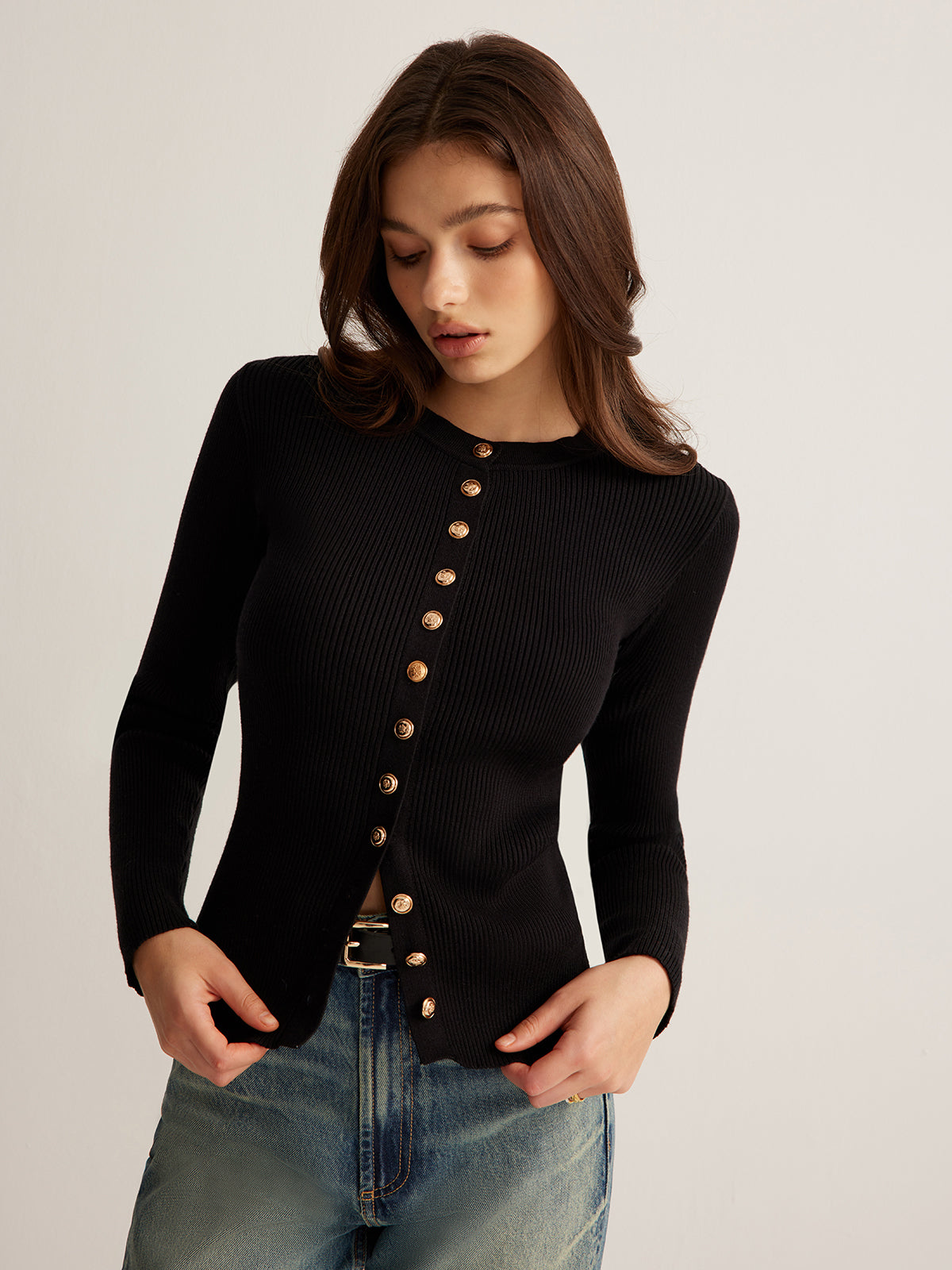 Button Down Skinny Knit Top-Chicvia