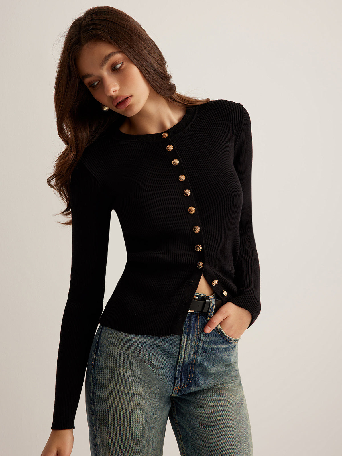 Button Down Skinny Knit Top-Chicvia