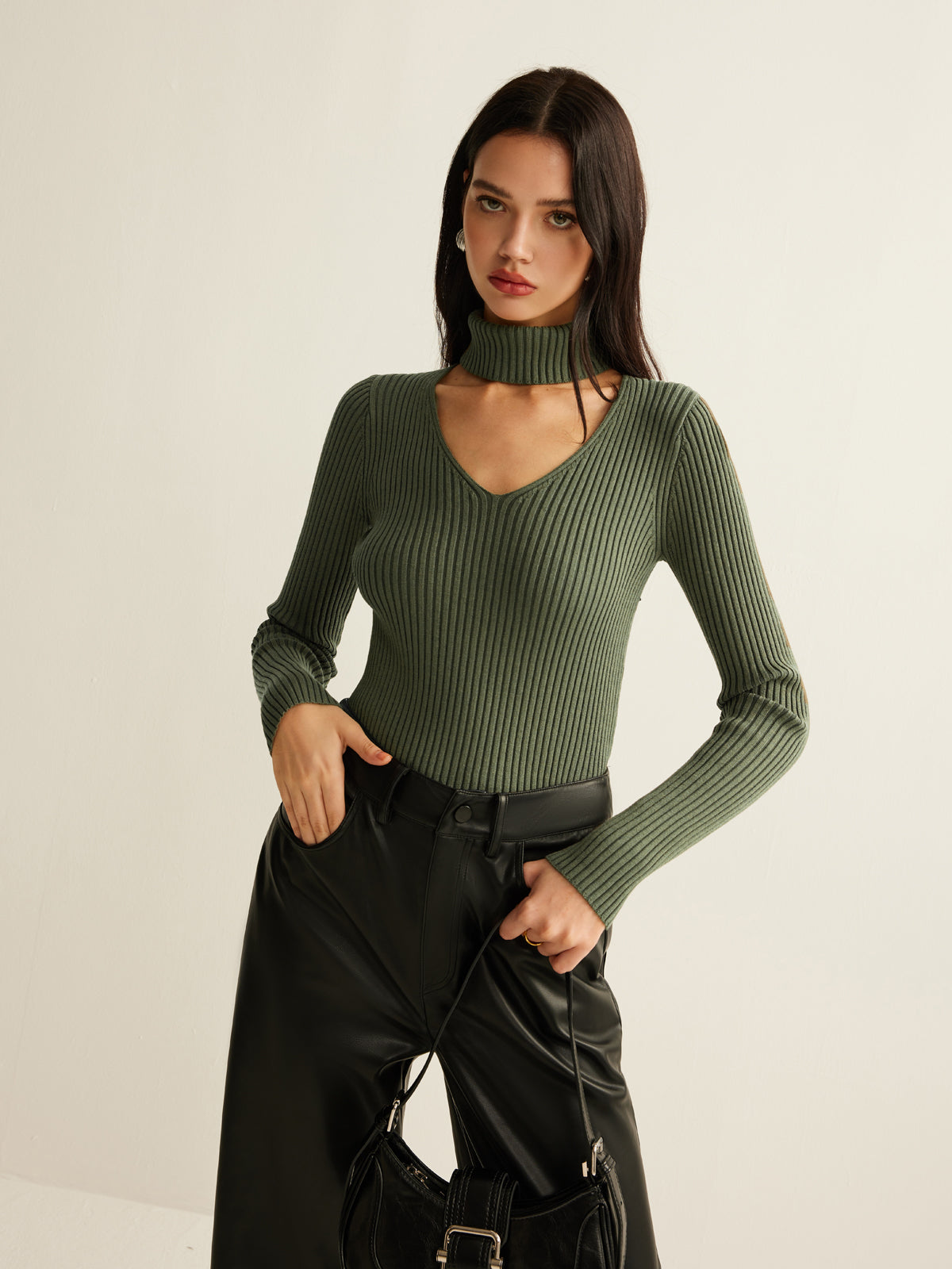Mock Neck Skinny Knit Top-Chicvia