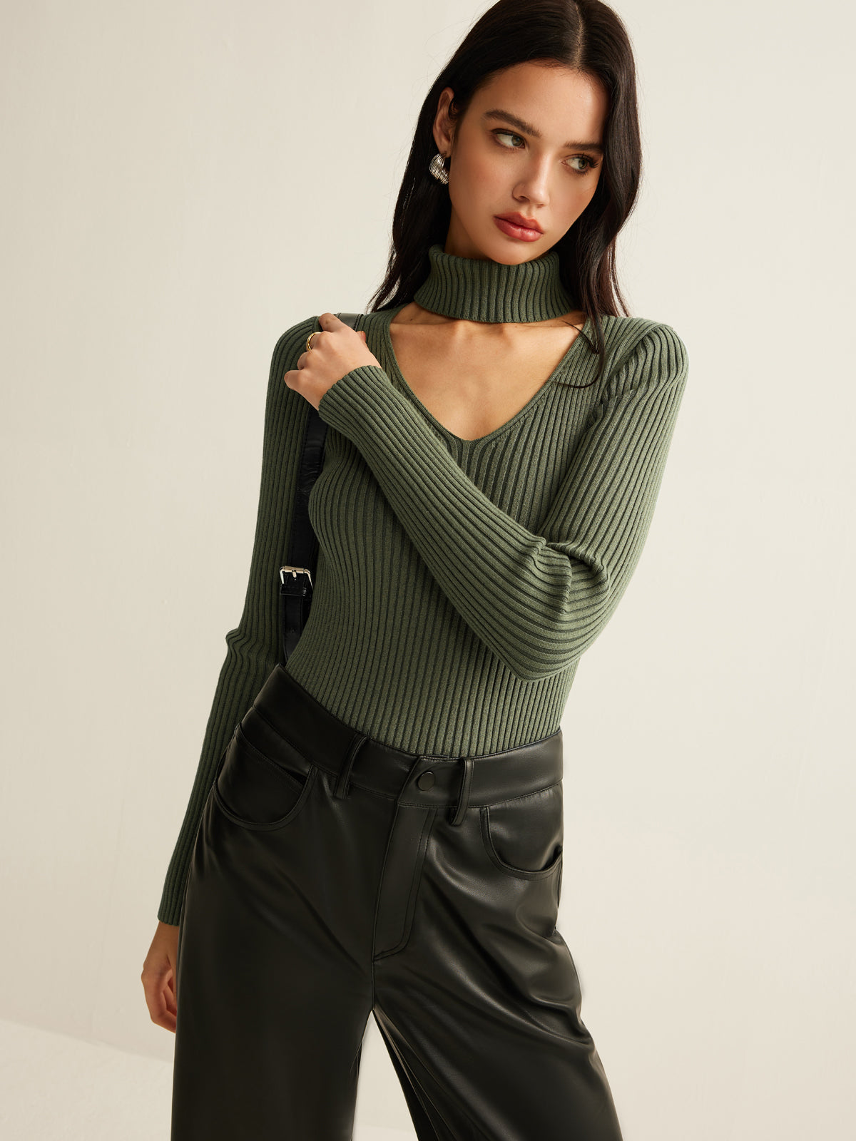 Mock Neck Skinny Knit Top-Chicvia