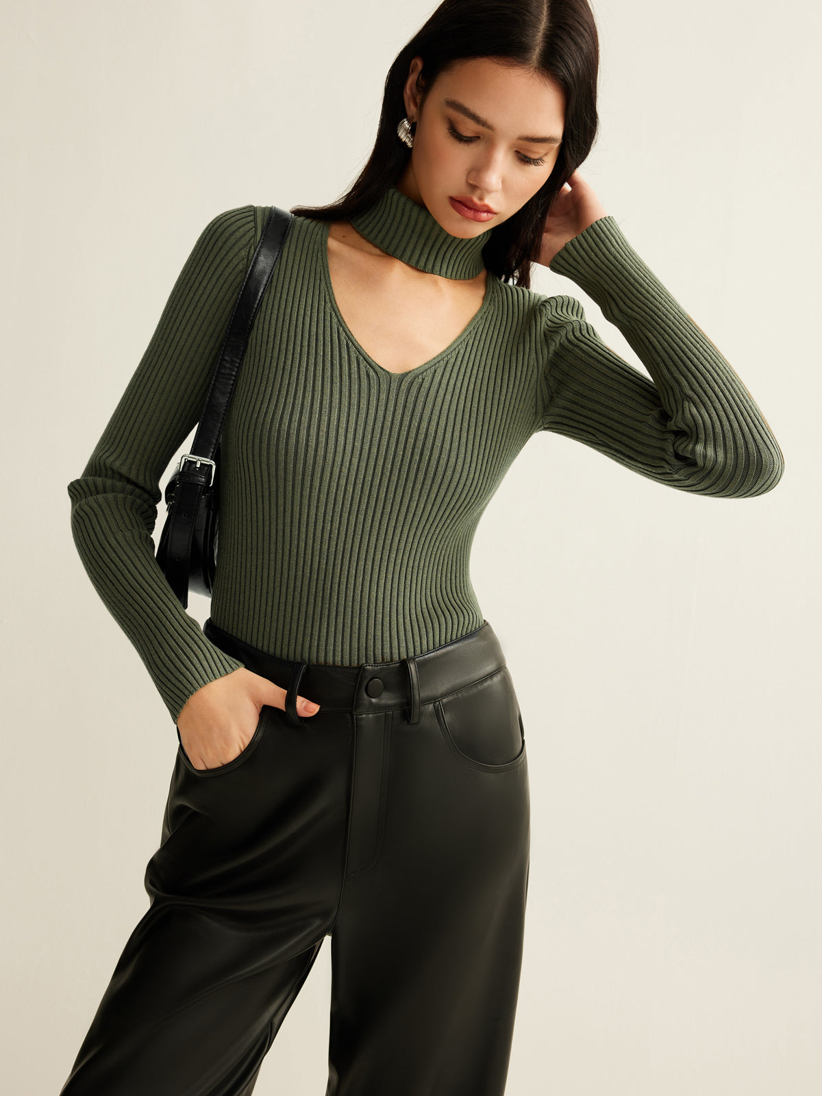 Mock Neck Skinny Knit Top-Chicvia