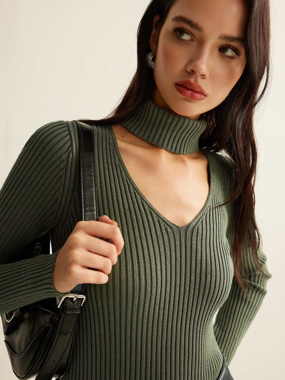 Mock Neck Skinny Knit Top-Chicvia