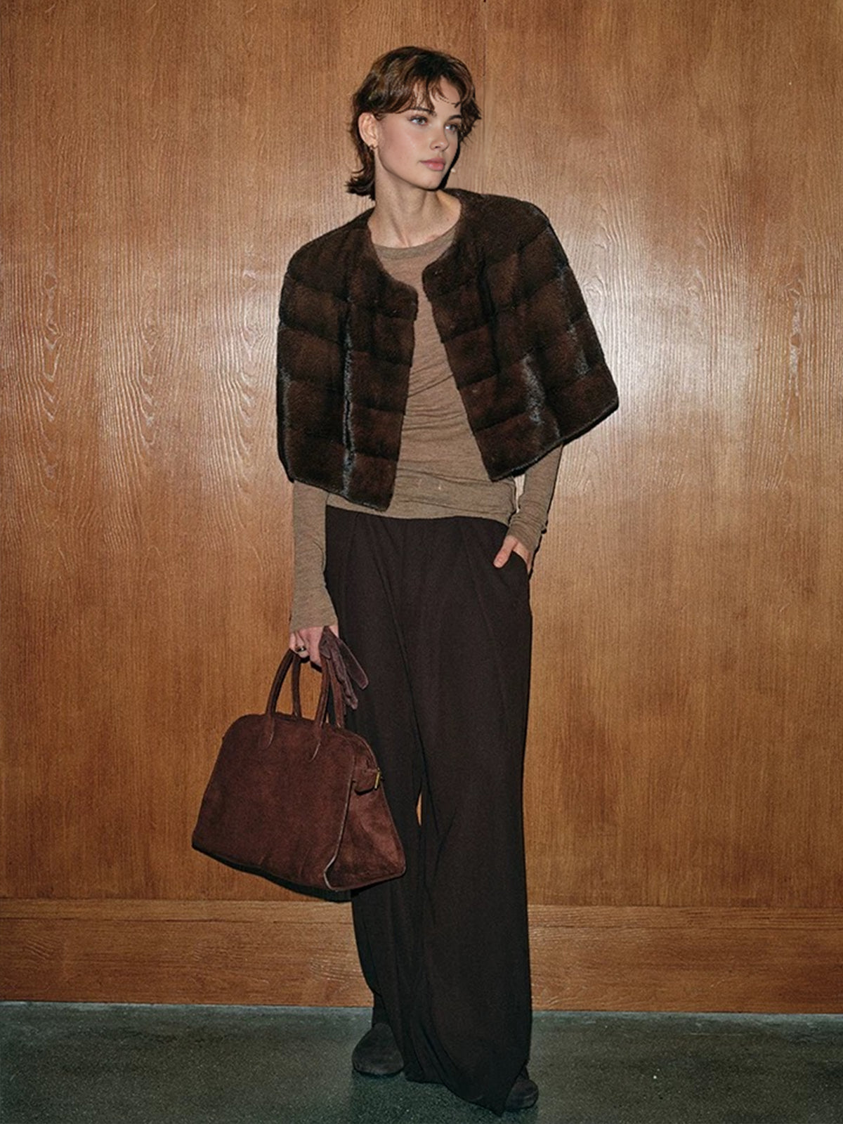 Faux Fur Crop Plaid Cape-Chicvia