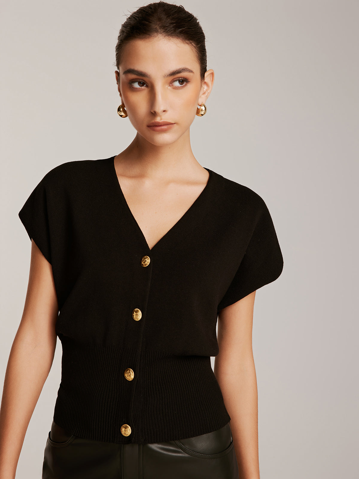 Metal Button Sweater Vest-Chicvia