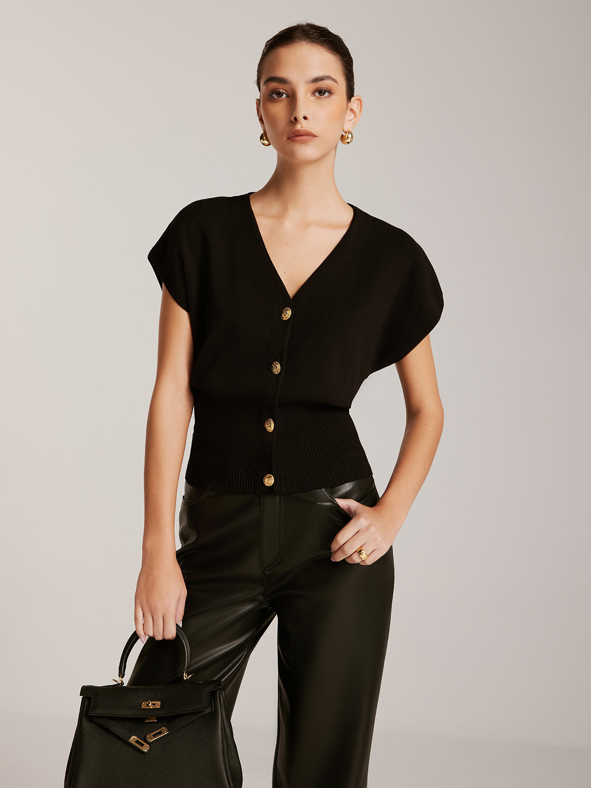 Metal Button Sweater Vest-Chicvia