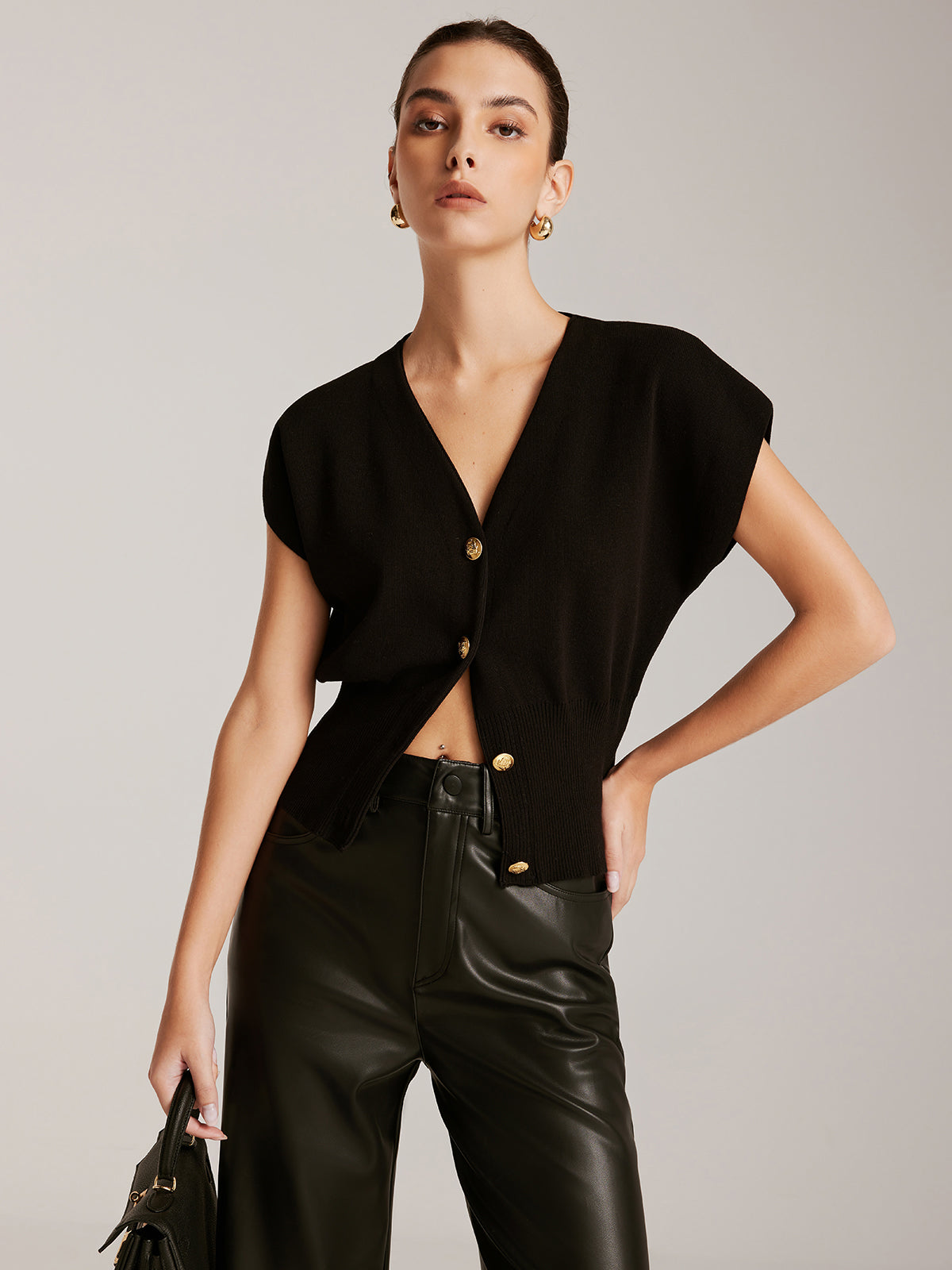 Metal Button Sweater Vest-Chicvia