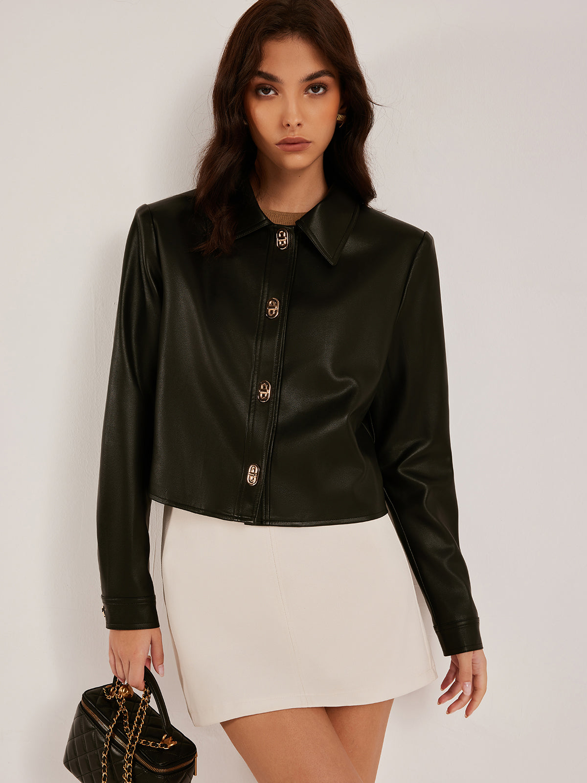 Metal-Button PU Leather Short Jacket-Chicvia