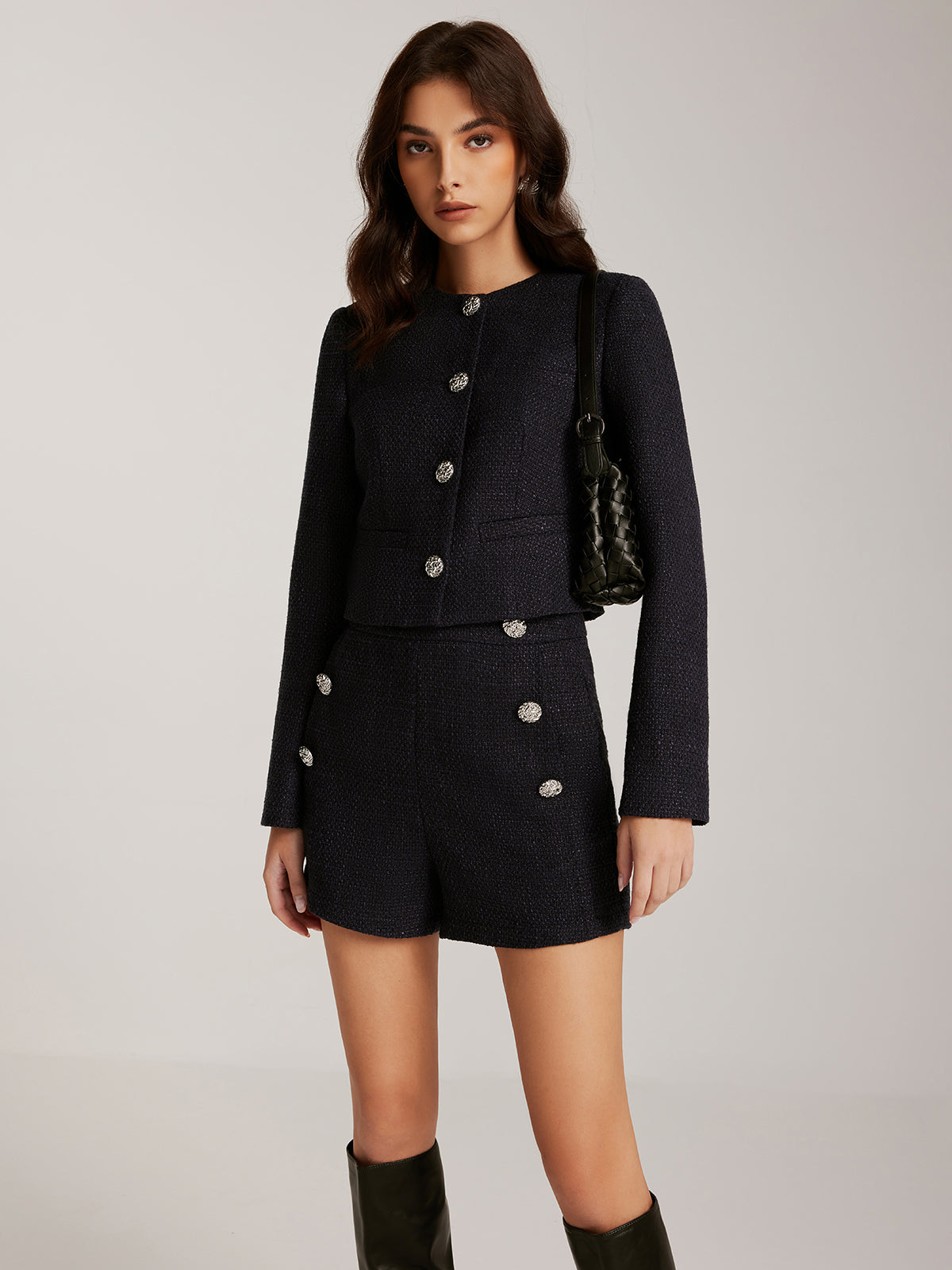 Button Down Tweed Short Jacket-Chicvia