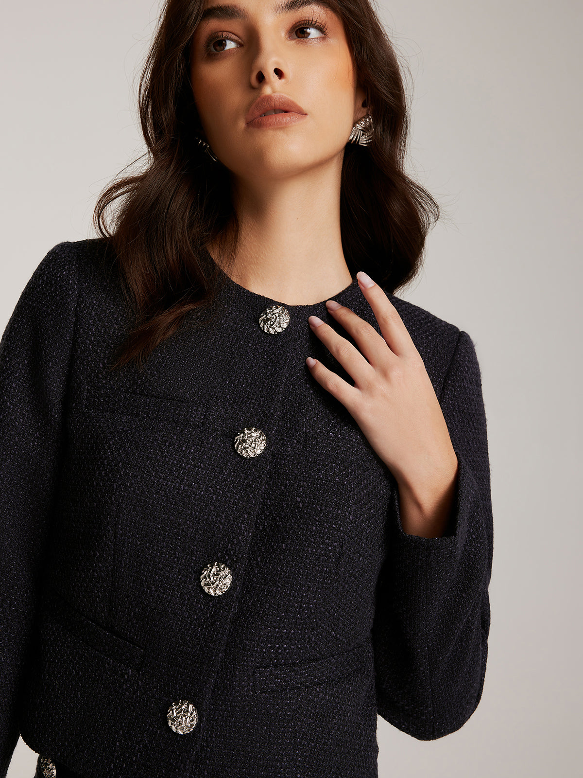 Button Down Tweed Short Jacket-Chicvia