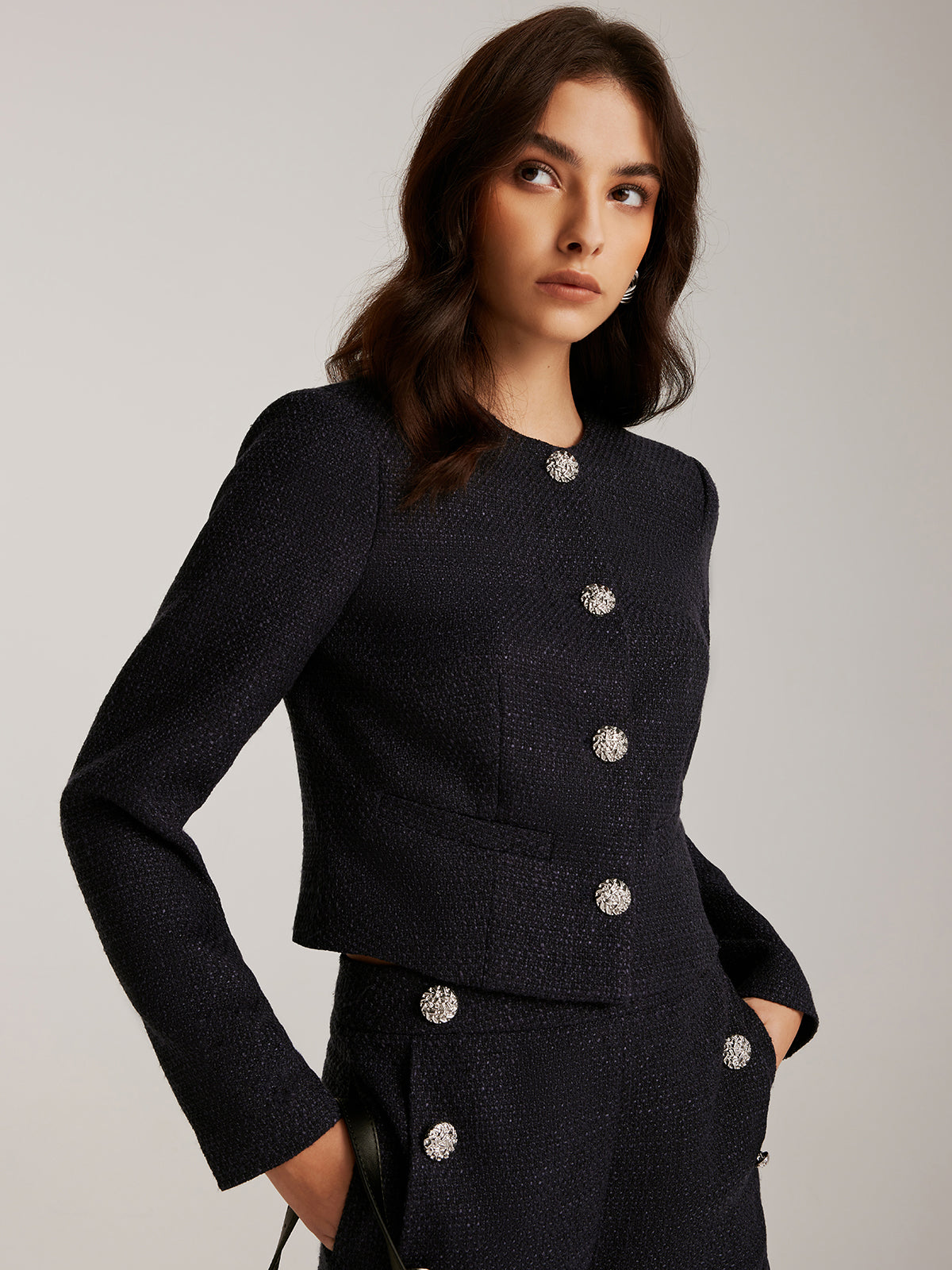 Button Down Tweed Short Jacket-Chicvia