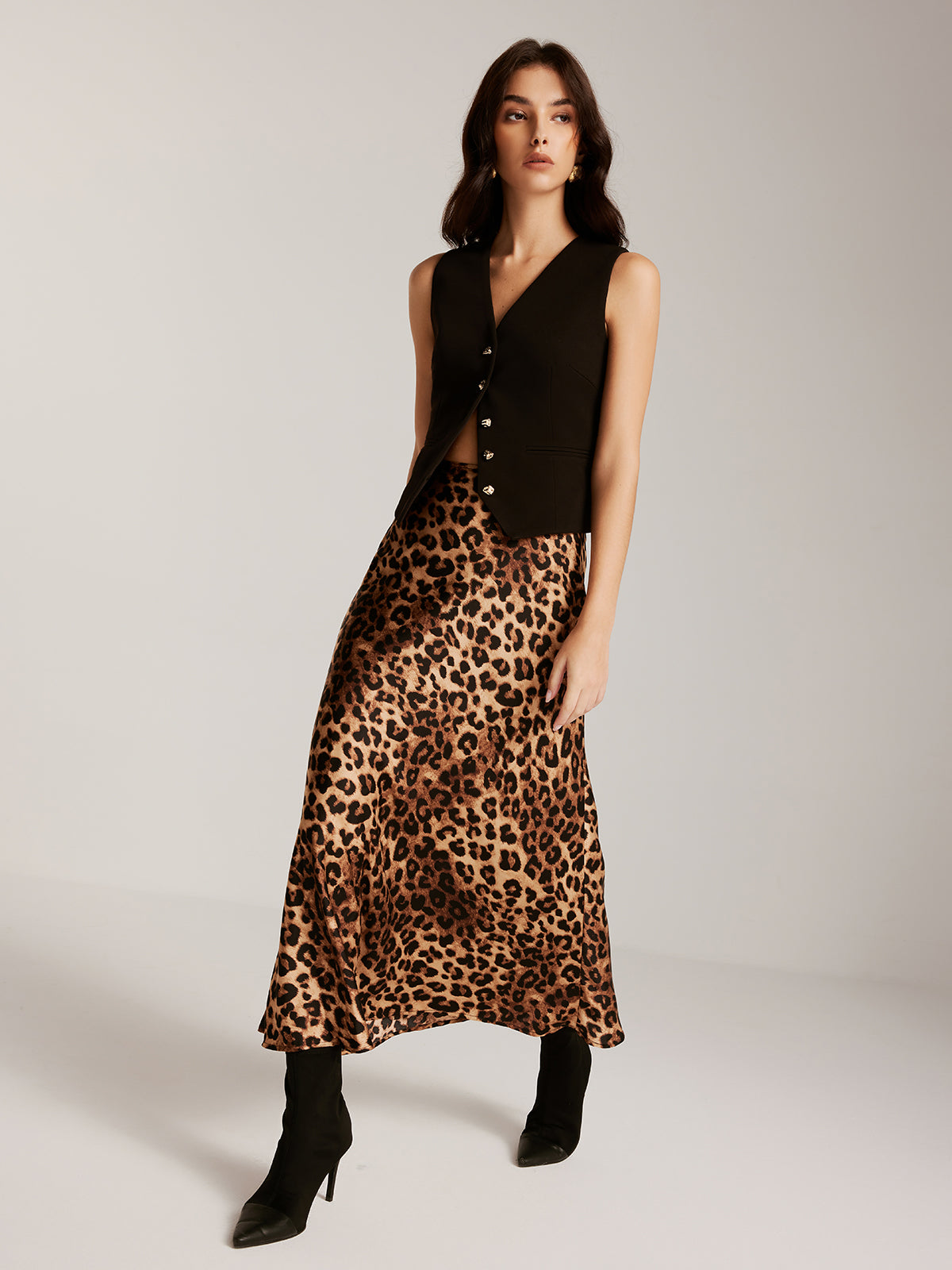 Metal-Button Vest With Leopard Zipper Skirt Set-Chicvia