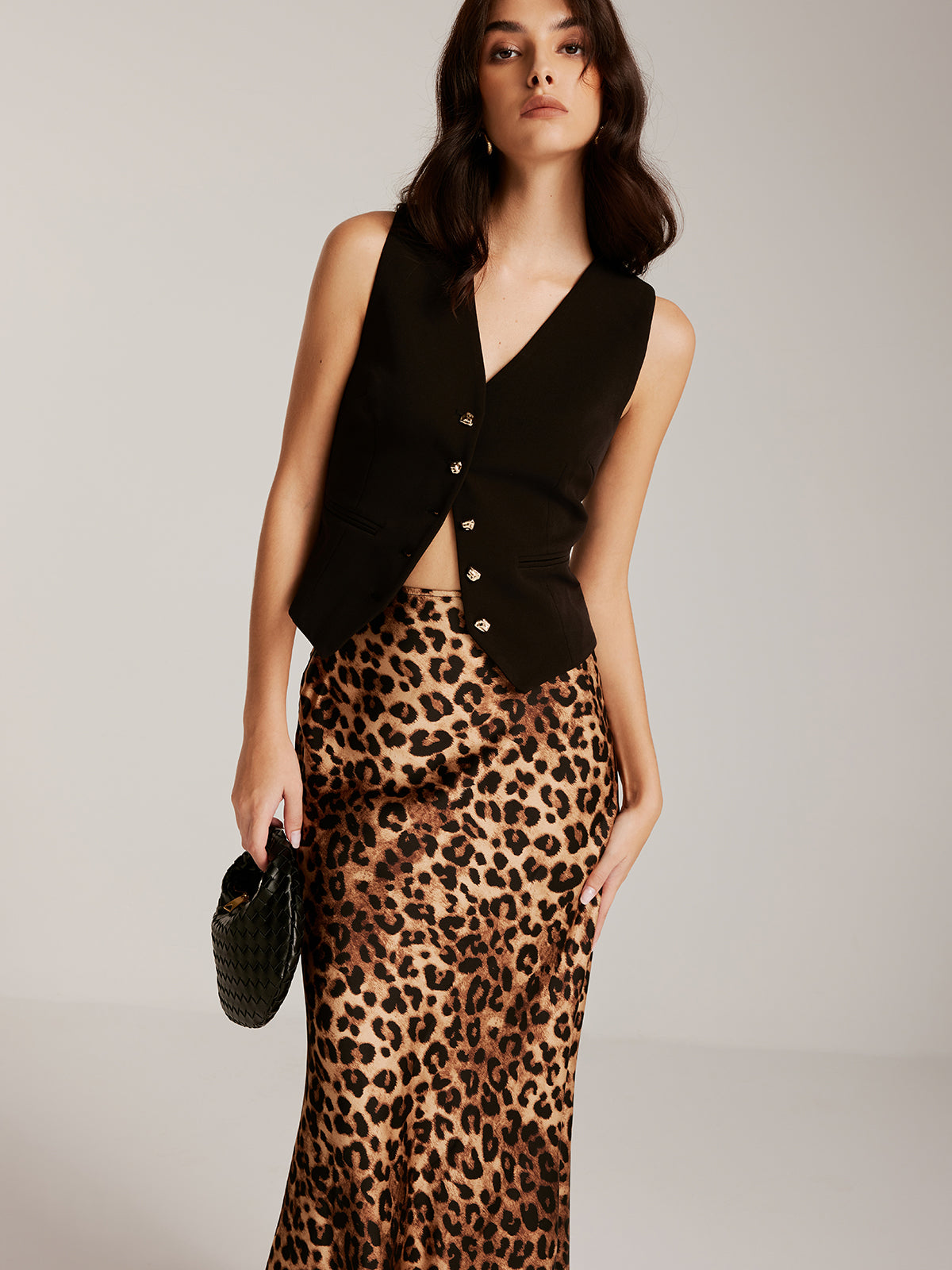 Metal-Button Vest With Leopard Zipper Skirt Set-Chicvia