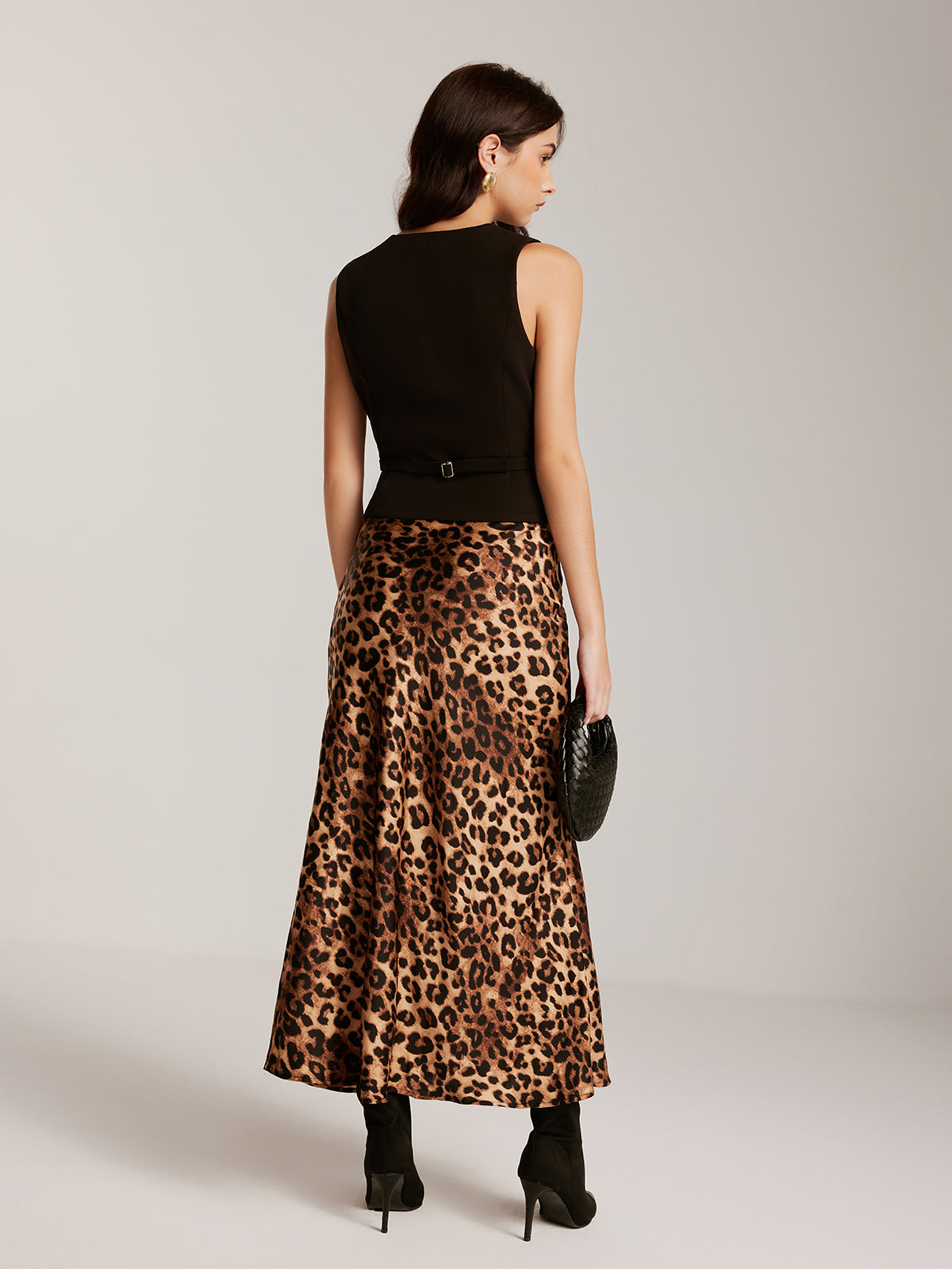 Metal-Button Vest With Leopard Zipper Skirt Set-Chicvia