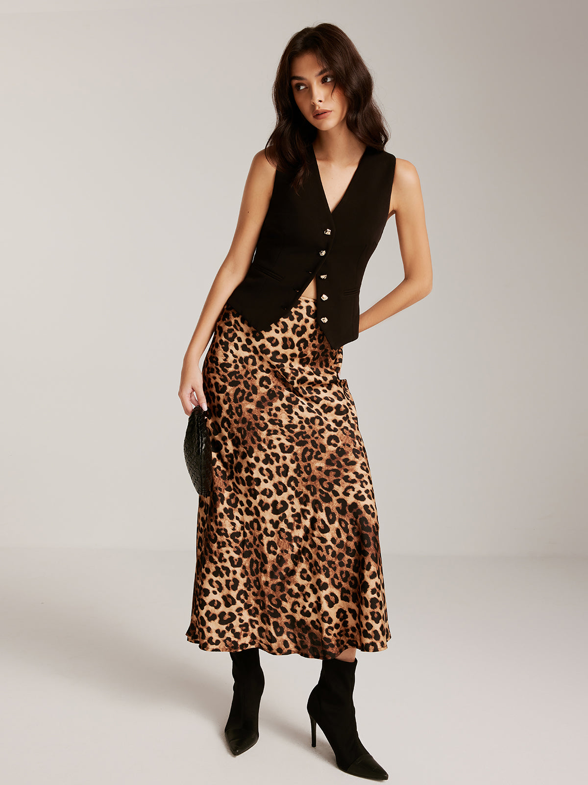 Metal-Button Vest With Leopard Zipper Skirt Set-Chicvia