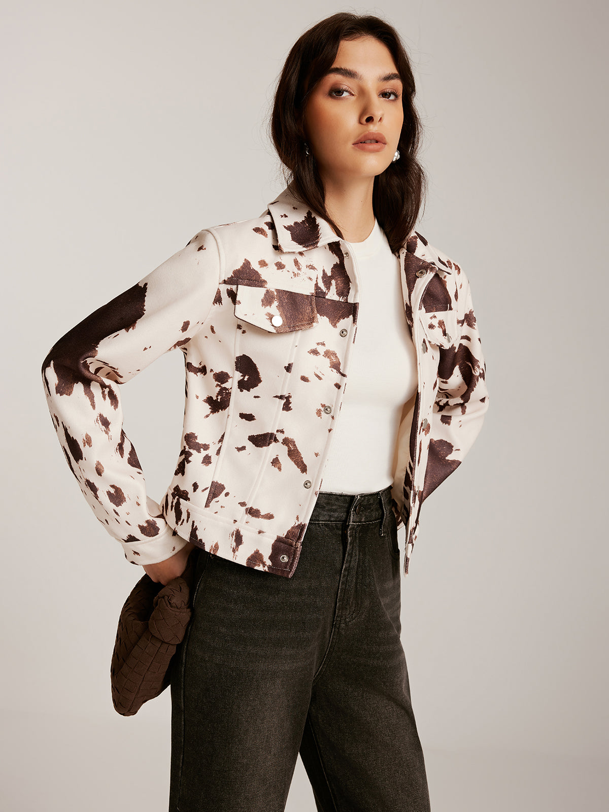 Cow Printed Tweed Short Jacket-Chicvia