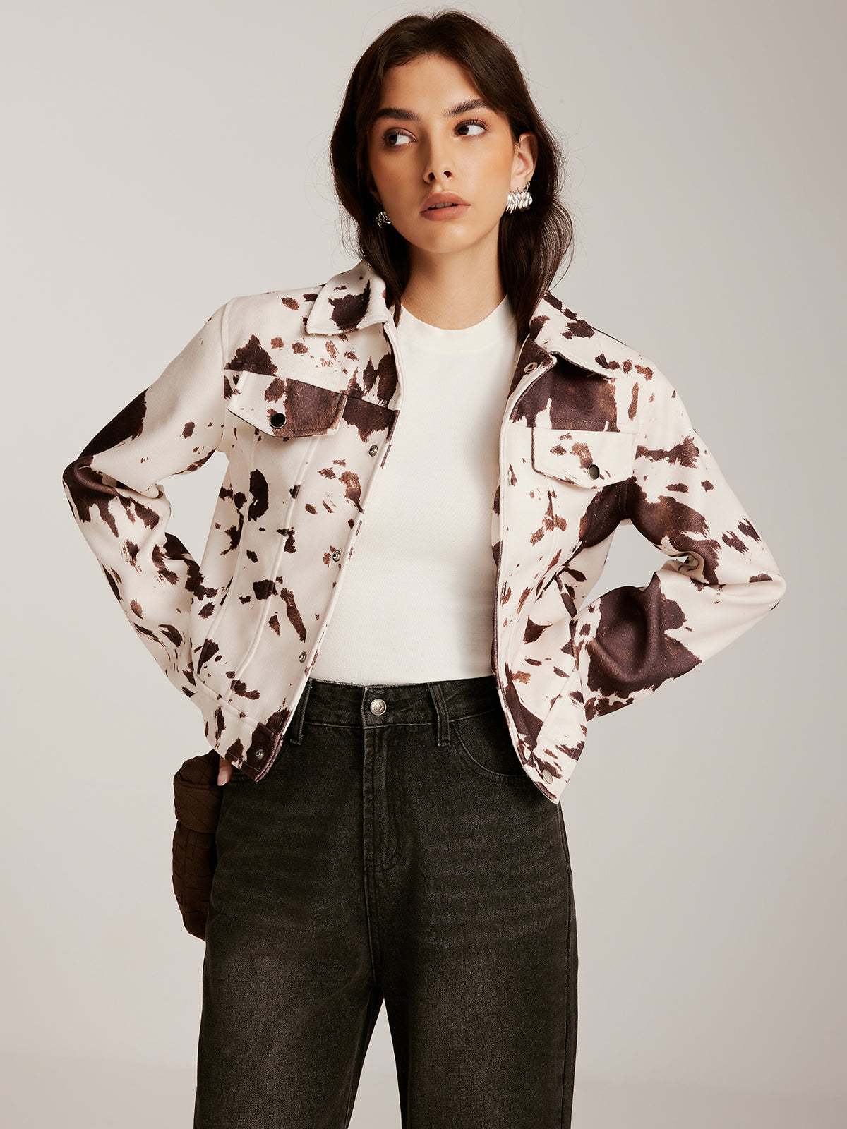 Cow Printed Tweed Short Jacket-Chicvia