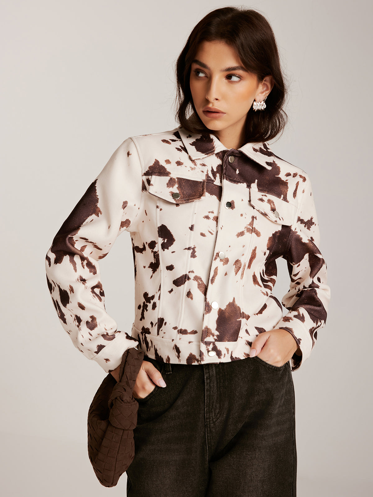 Cow Printed Tweed Short Jacket-Chicvia