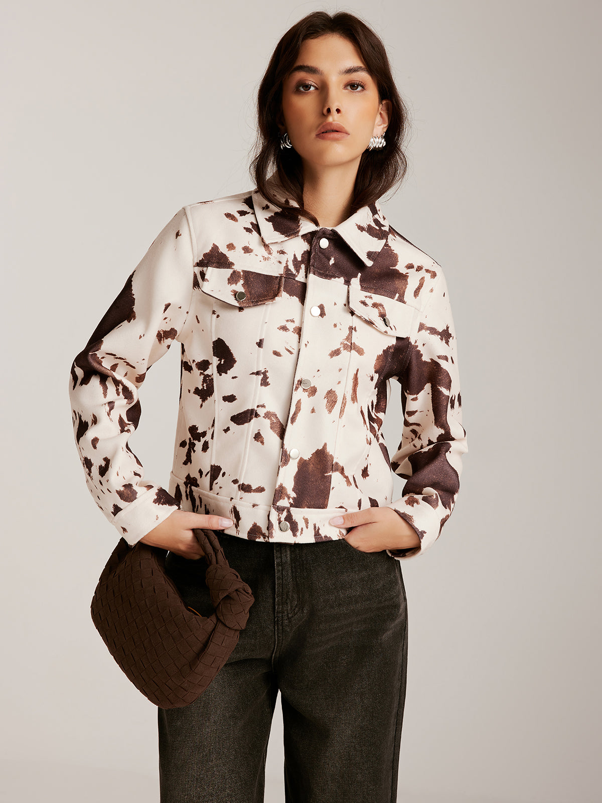 Cow Printed Tweed Short Jacket-Chicvia