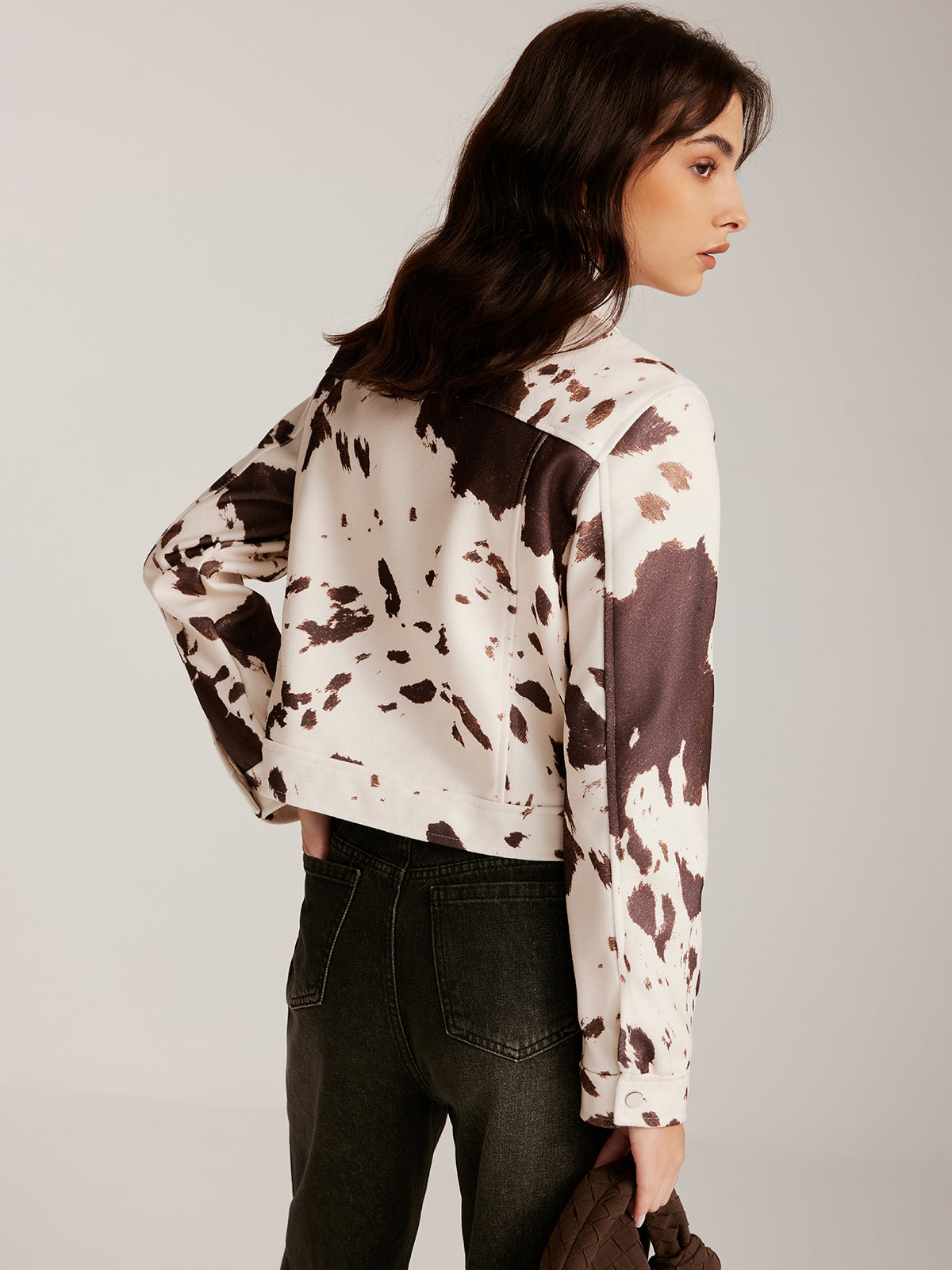 Cow Printed Tweed Short Jacket-Chicvia