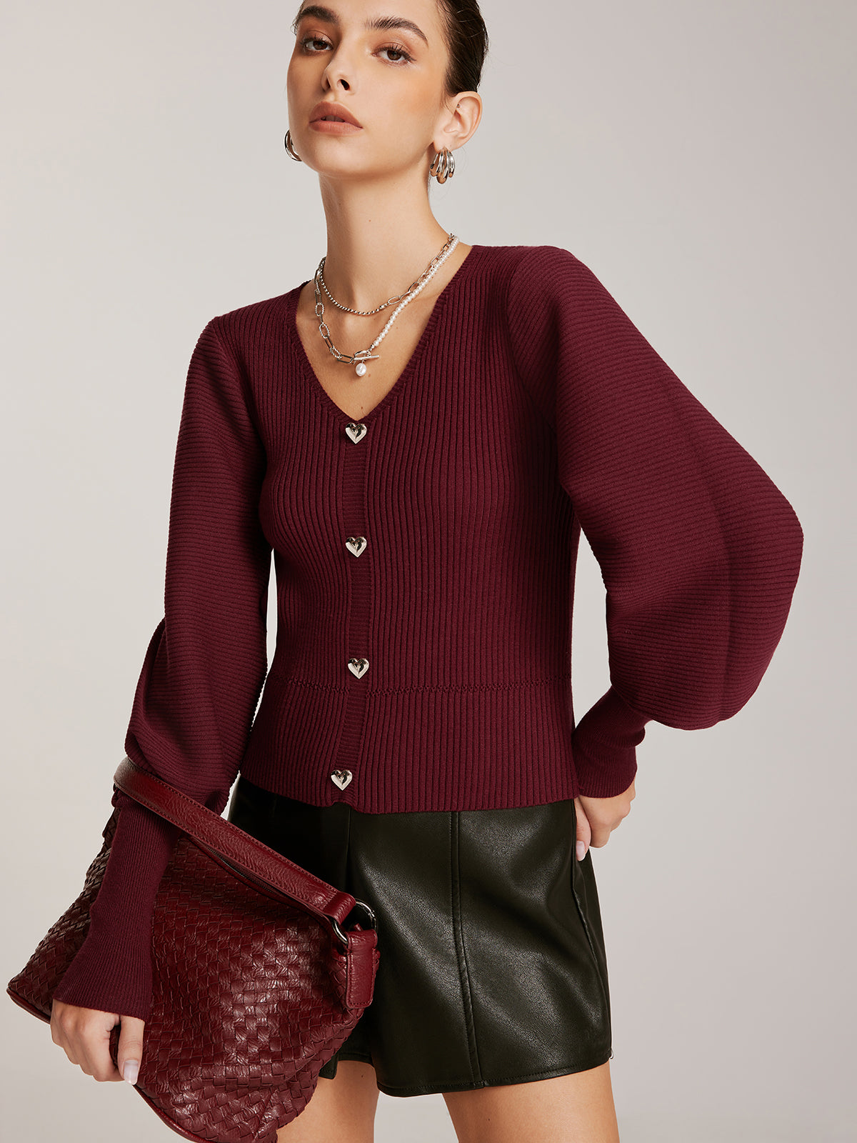 Lantern Sleeve V-Neck Sweater-Chicvia