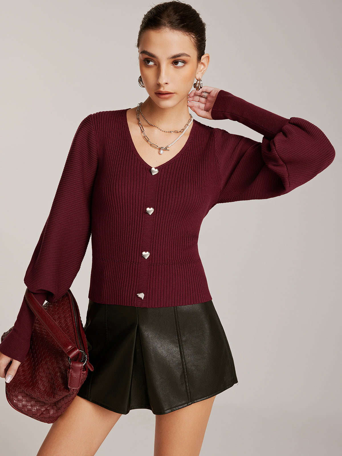 Lantern Sleeve V-Neck Sweater-Chicvia