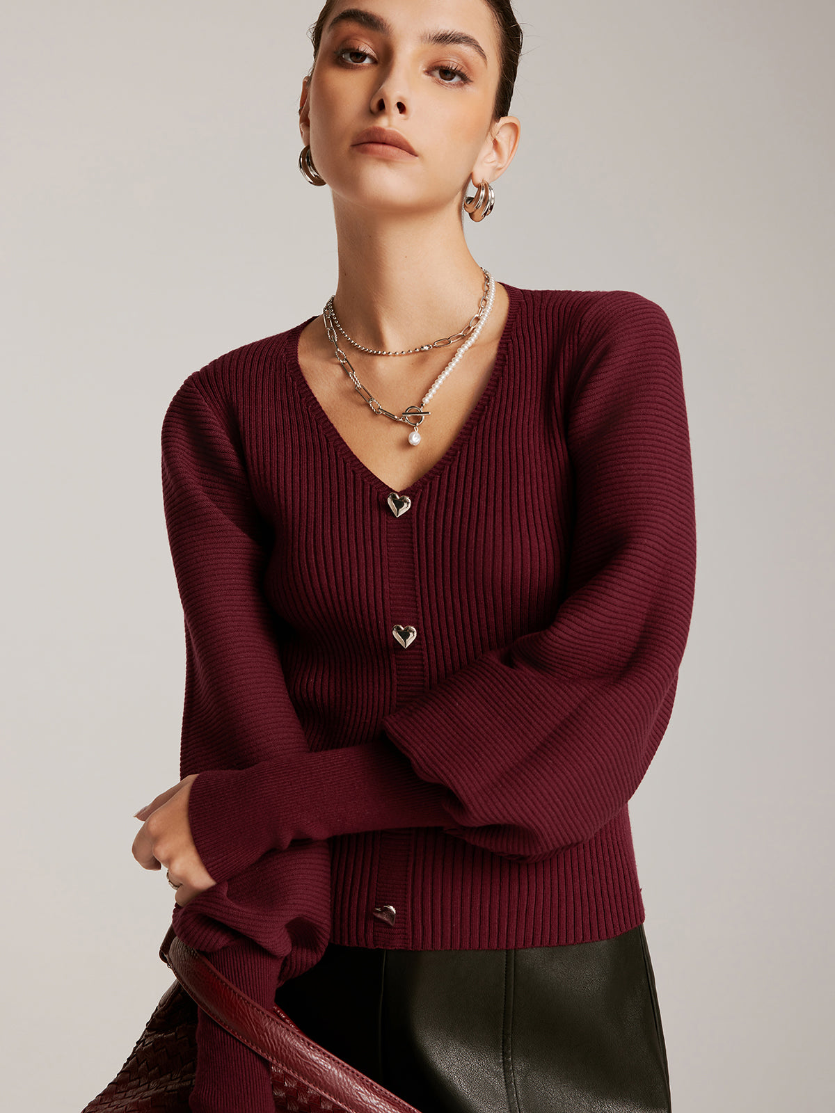 Lantern Sleeve V-Neck Sweater-Chicvia
