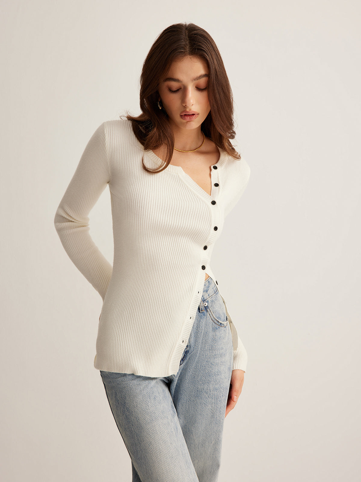 Plain Asymmetrical Breasted Sweater-Chicvia