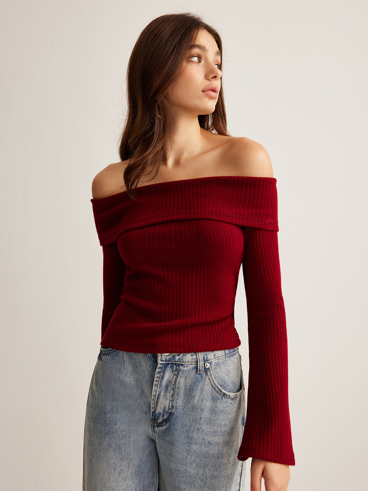 Off-Shoulder Ribbed Slim Top-Chicvia