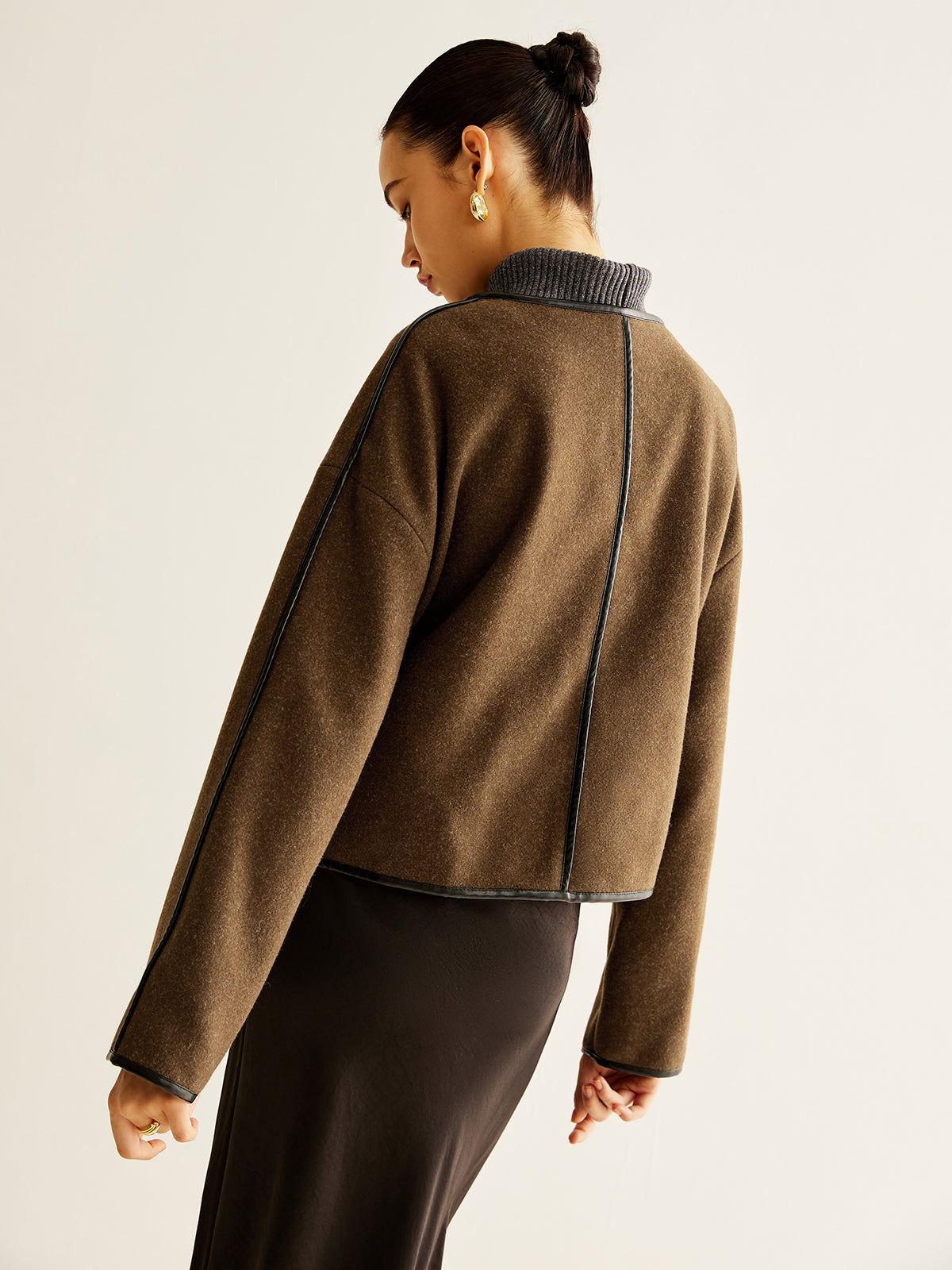 Leisure Contrast Trim Tweed Coat-Chicvia