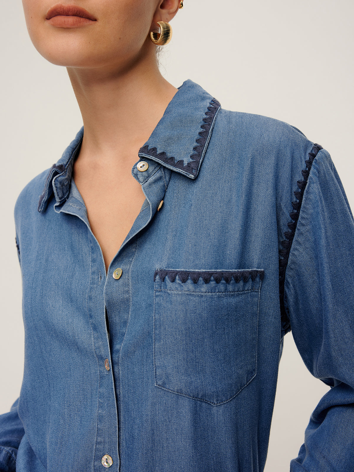 Embroidered Trim Lapel Denim Shirt-Chicvia