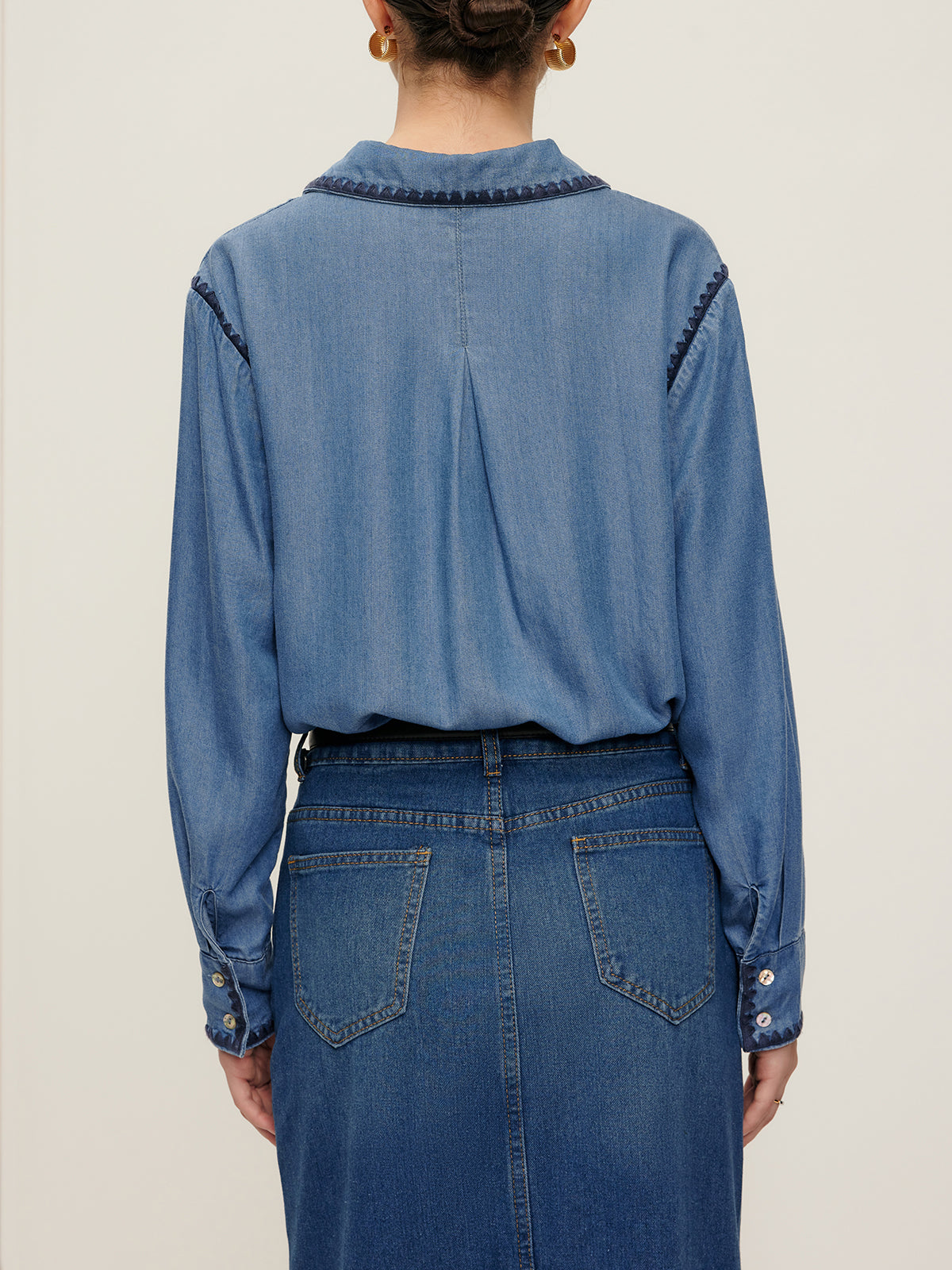 Embroidered Trim Lapel Denim Shirt-Chicvia