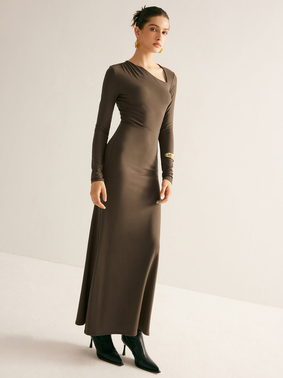 Plain Asymmetrical Neck Long Dress-Chicvia
