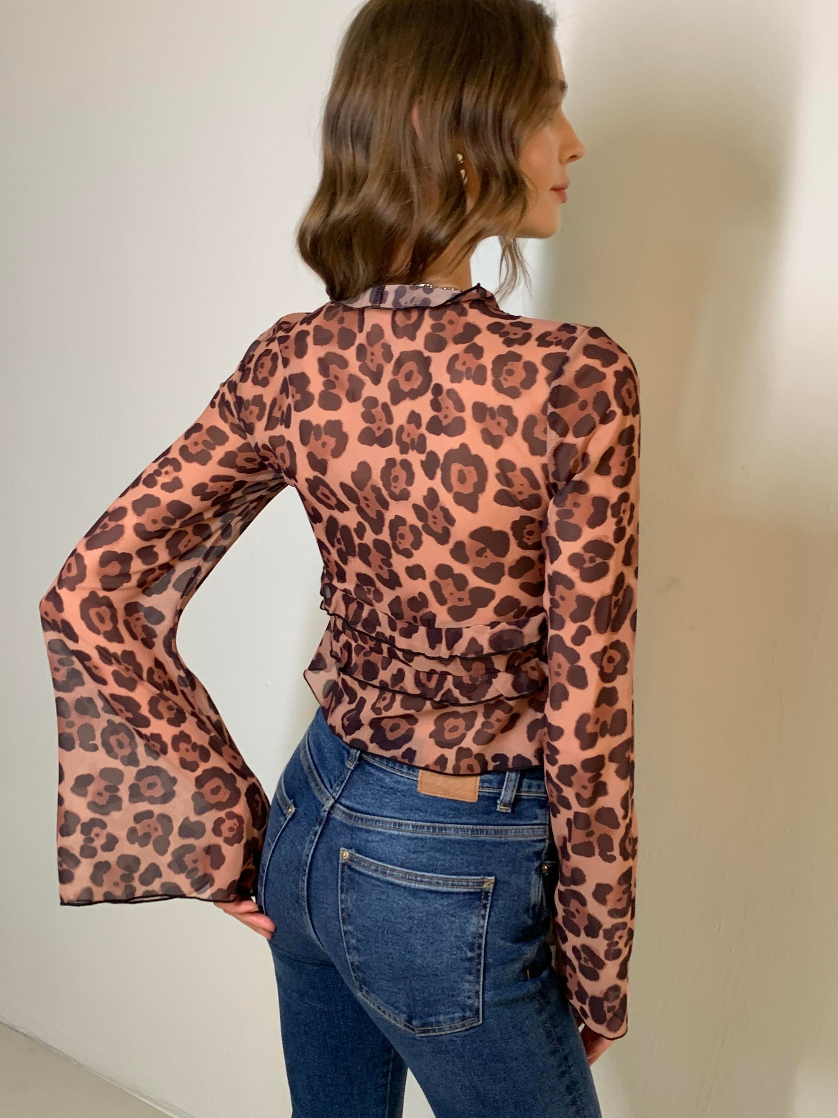 Leopard Print Semi-Sheer Ruffle V-Neck Blouse-Chicvia