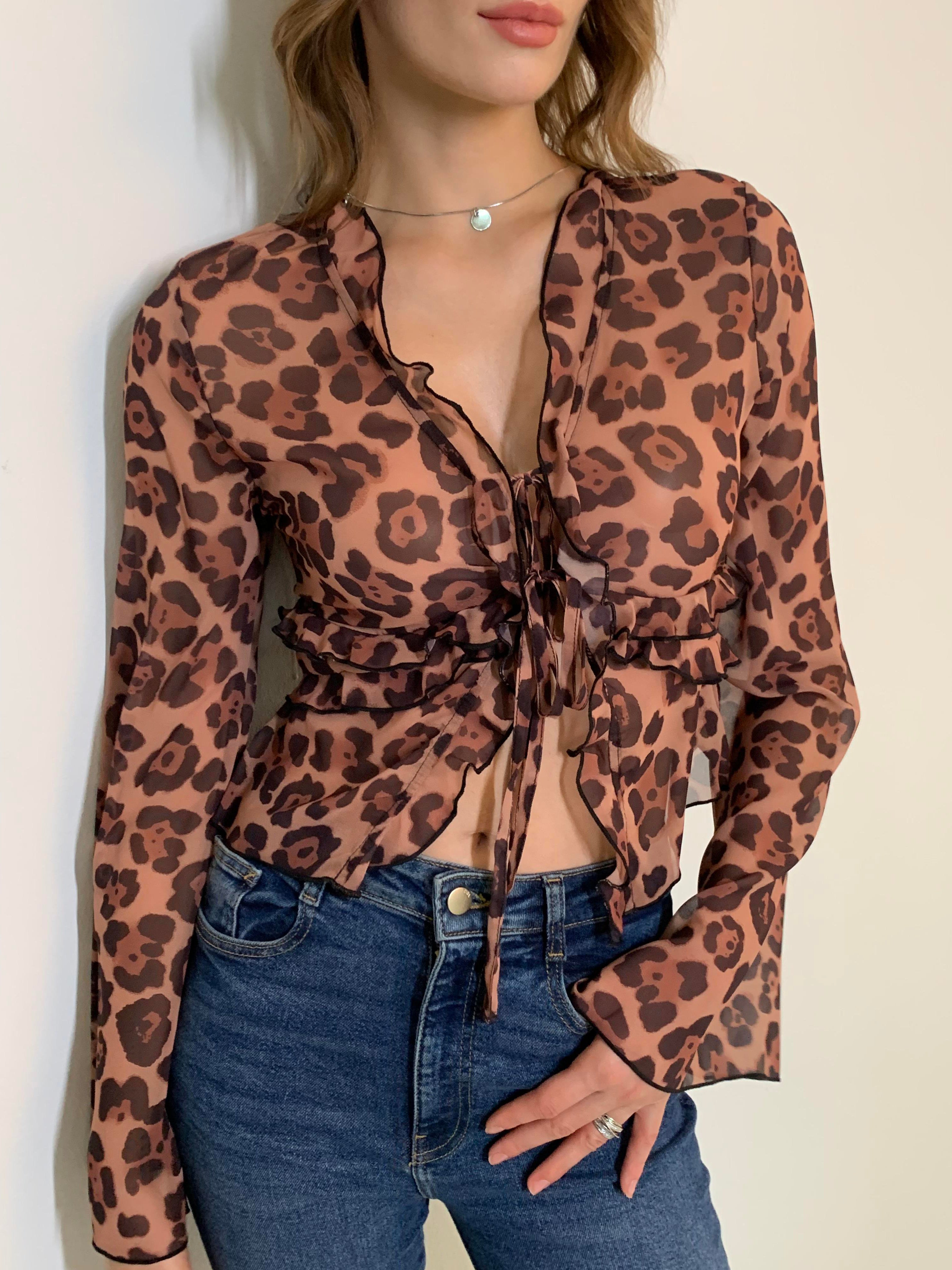 Leopard Print Semi-Sheer Ruffle V-Neck Blouse-Chicvia