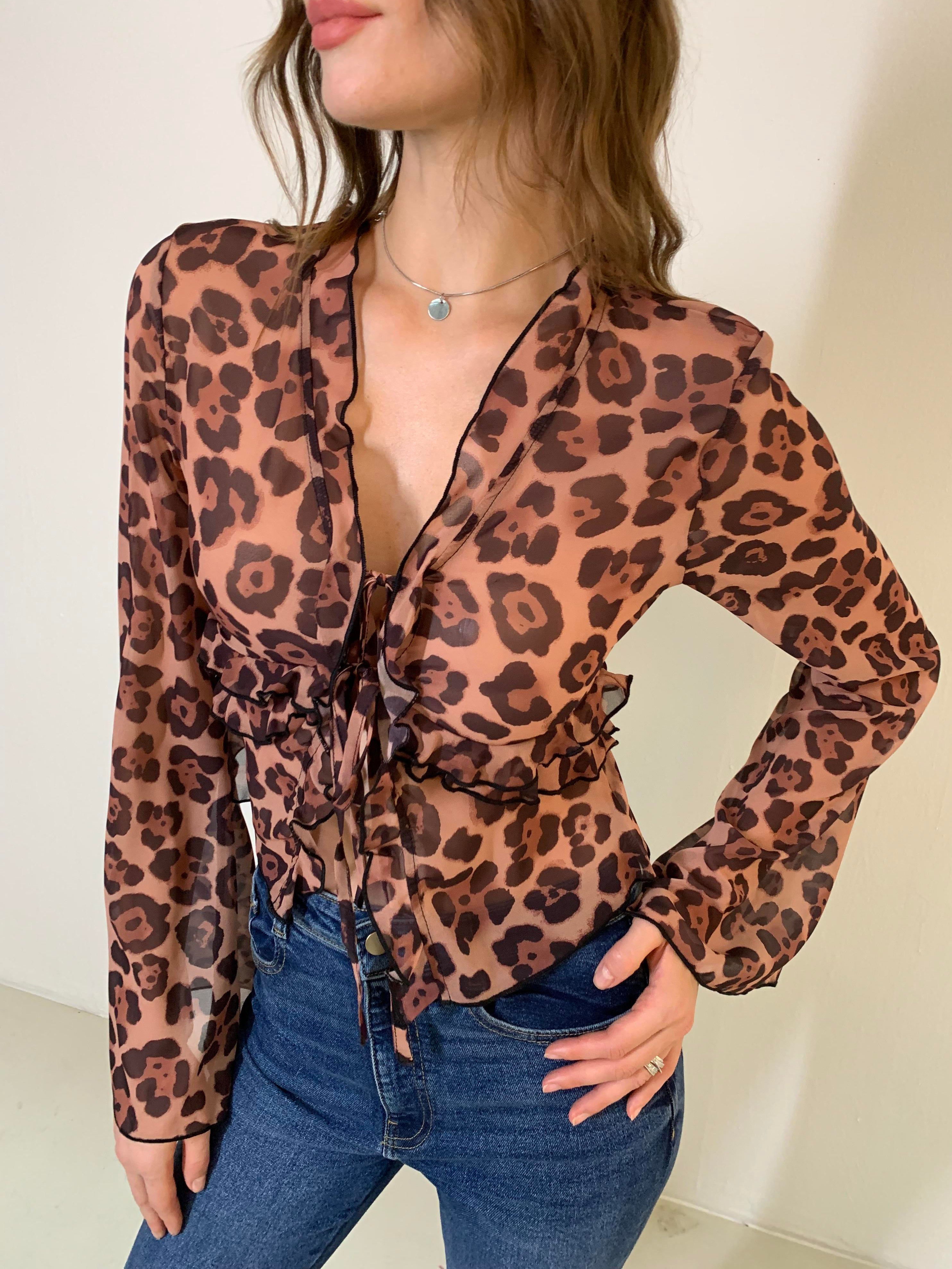 Leopard Print Semi-Sheer Ruffle V-Neck Blouse-Chicvia