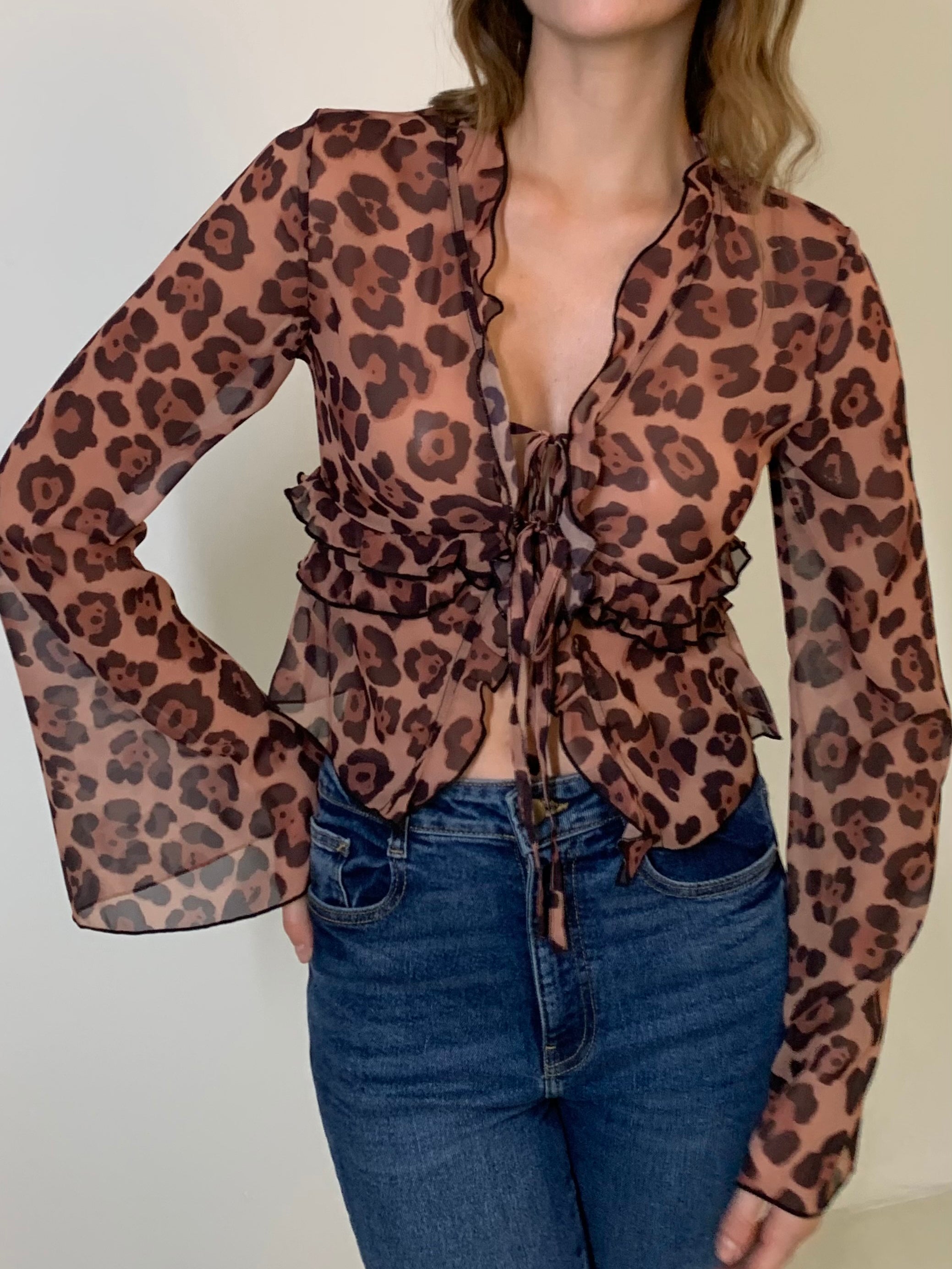 Leopard Print Semi-Sheer Ruffle V-Neck Blouse-Chicvia