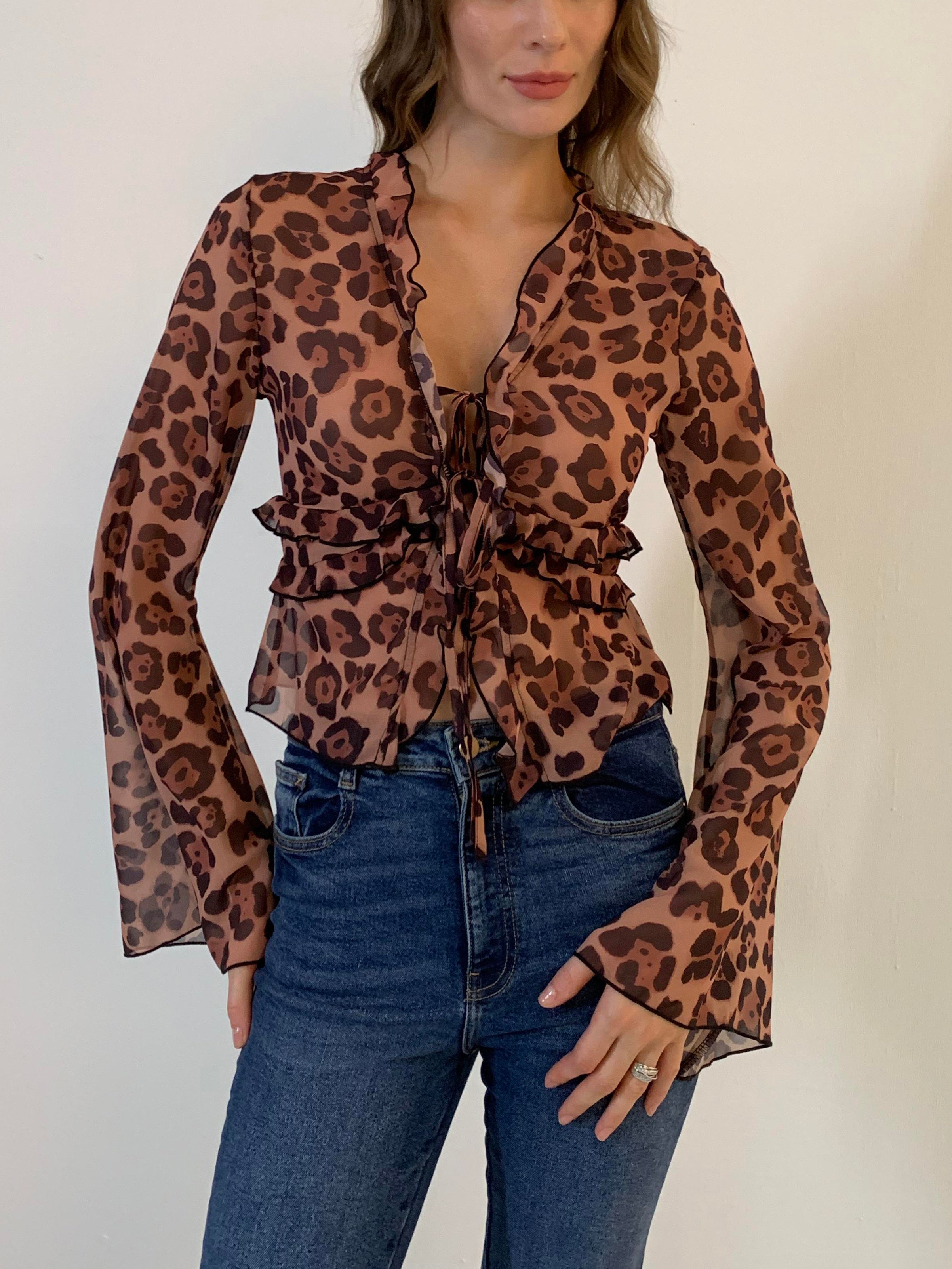 Leopard Print Semi-Sheer Ruffle V-Neck Blouse-Chicvia