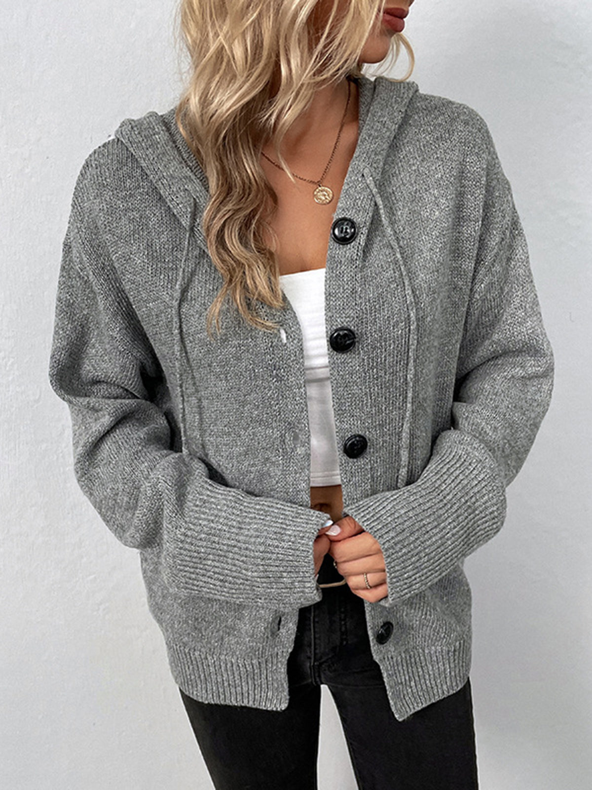 Button Drawstring Hooded Cardigan-Chicvia