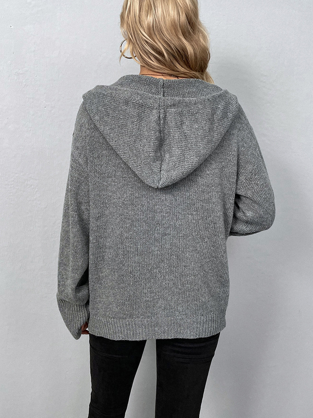 Button Drawstring Hooded Cardigan-Chicvia