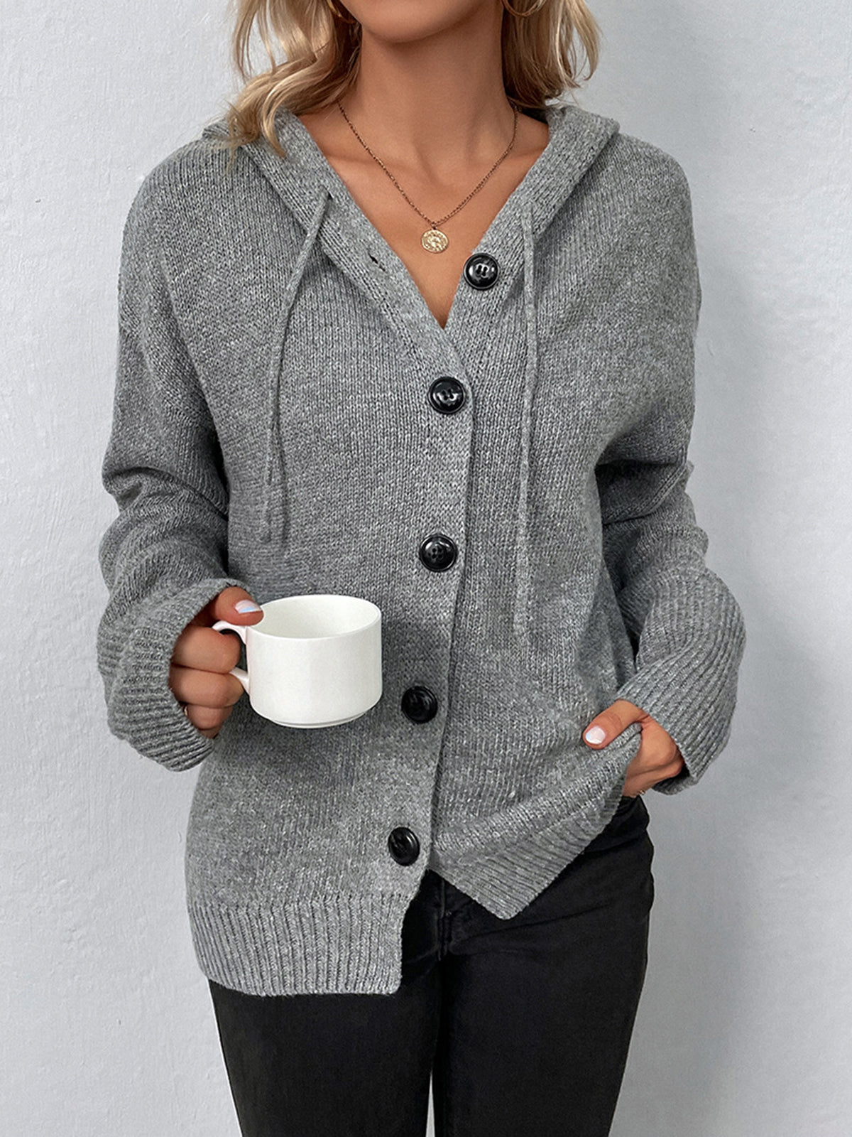 Button Drawstring Hooded Cardigan-Chicvia