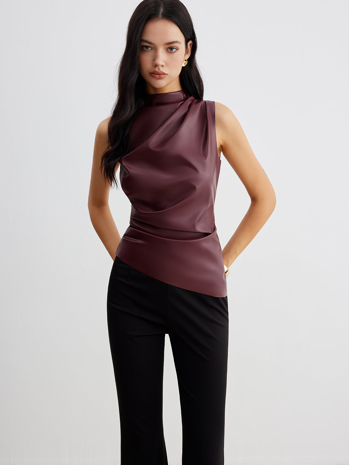 Mock Neck Faux Leather Cinched Tank Top-Chicvia