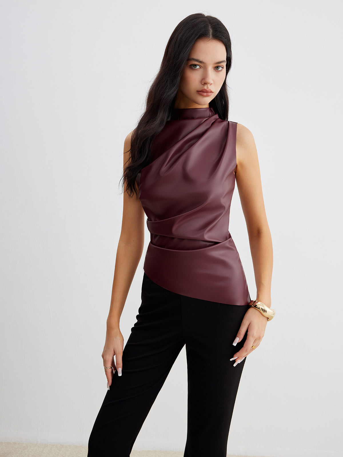 Mock Neck Faux Leather Cinched Tank Top-Chicvia