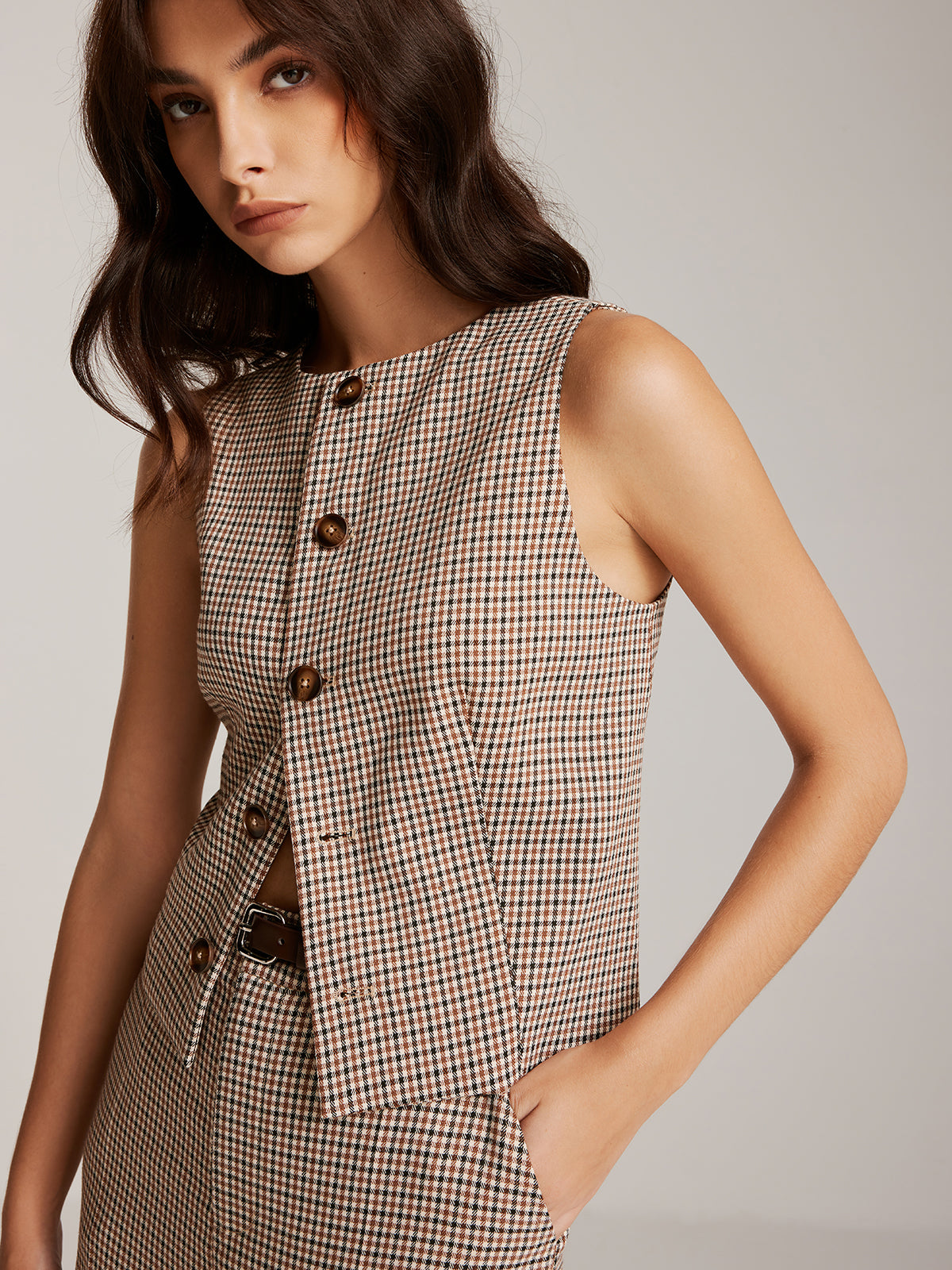 Elegant Plaid Button Vest-Chicvia