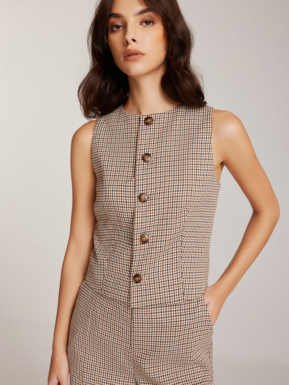 Elegant Plaid Button Vest-Chicvia