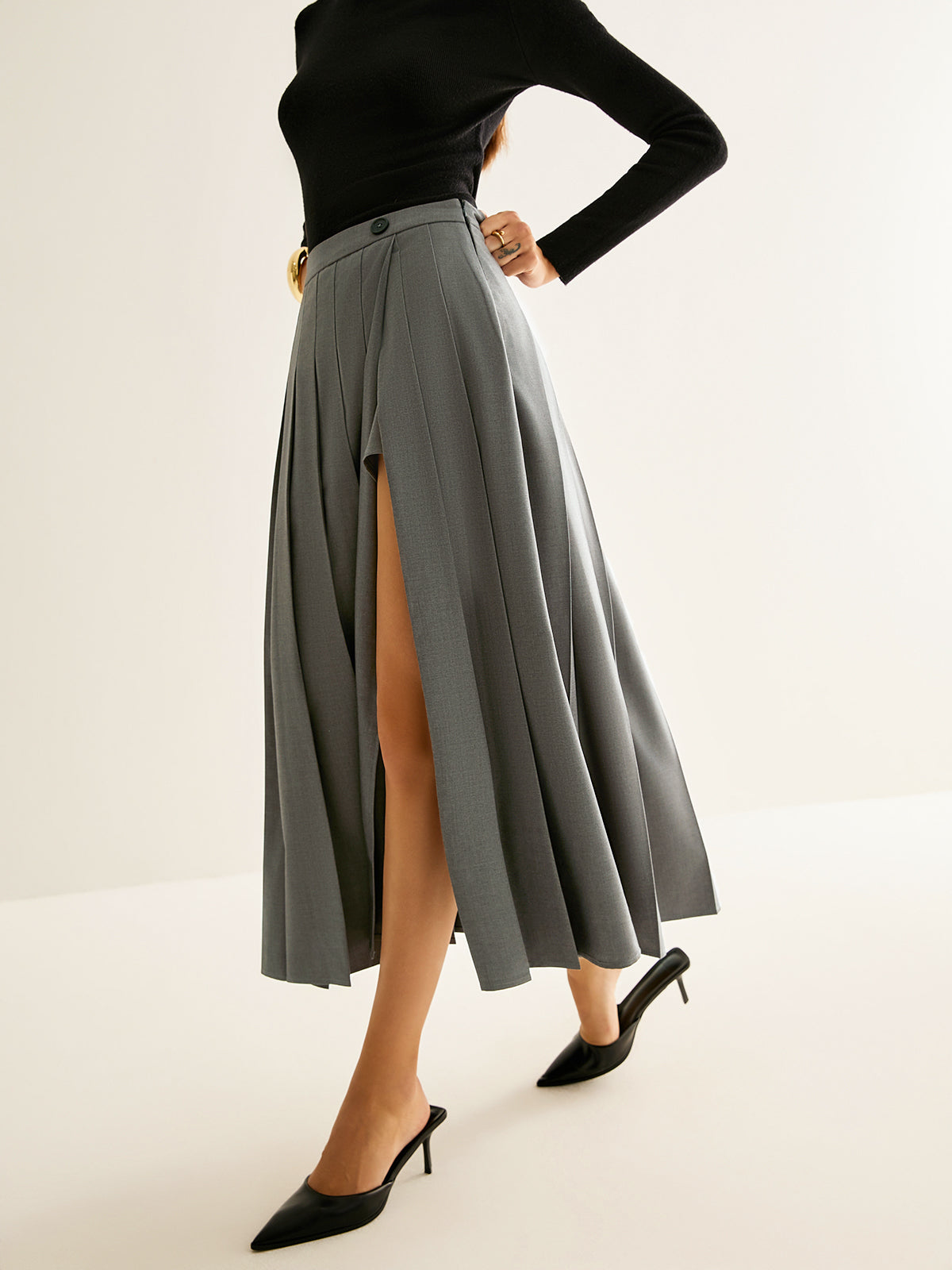 Pleated Slit Zipper Skirt-Chicvia