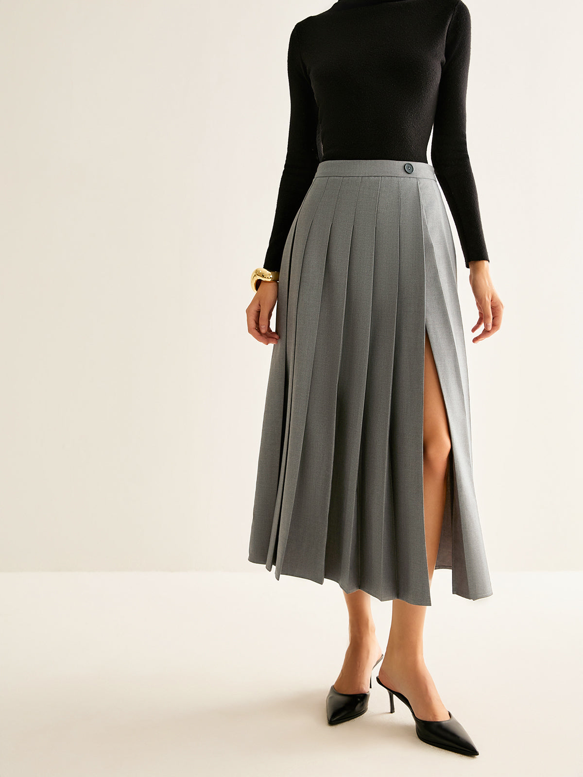 Pleated Slit Zipper Skirt-Chicvia