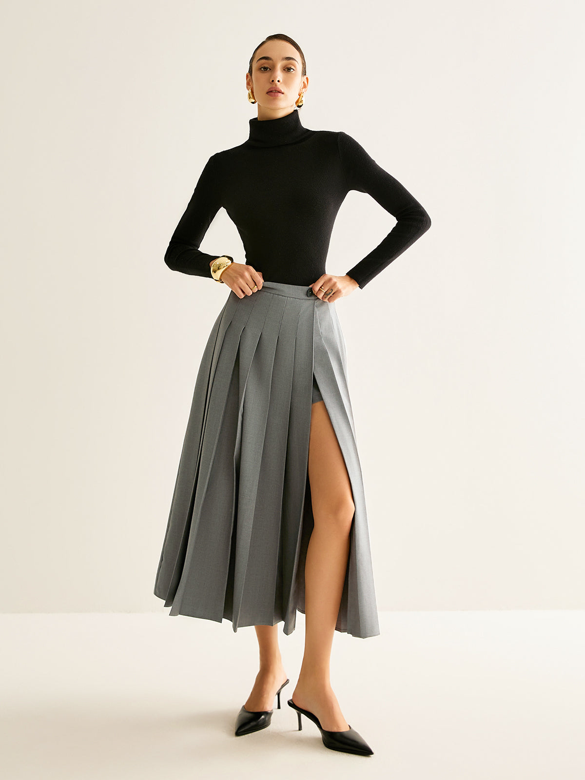 Pleated Slit Zipper Skirt-Chicvia