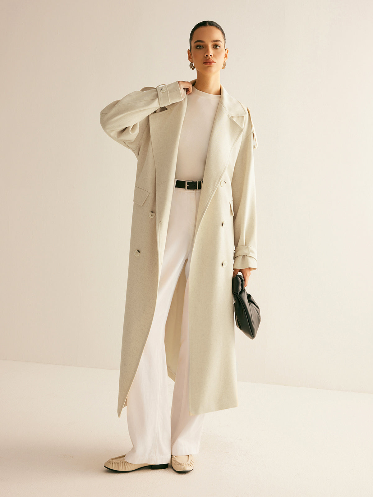 Oversized Lapel Pockets Belted Trench Coat-Chicvia