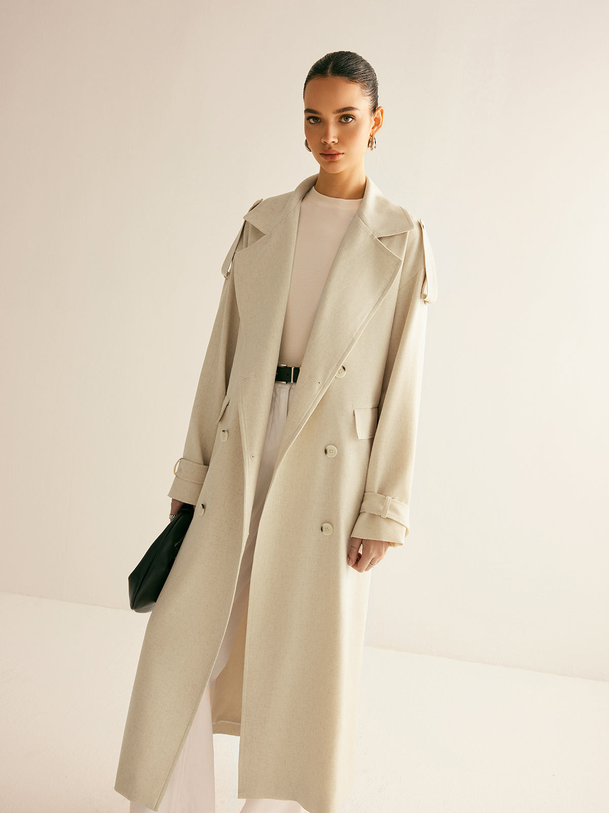 Oversized Lapel Pockets Belted Trench Coat-Chicvia