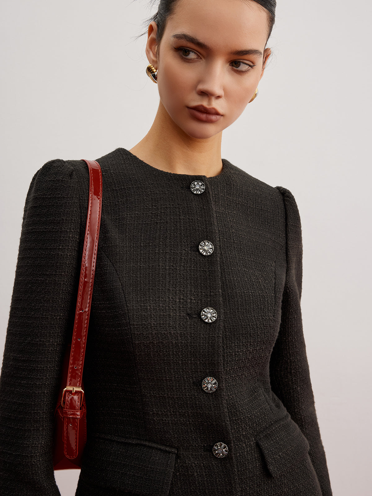 Elegant Button Down Tweed Blazer Without Belt-Chicvia